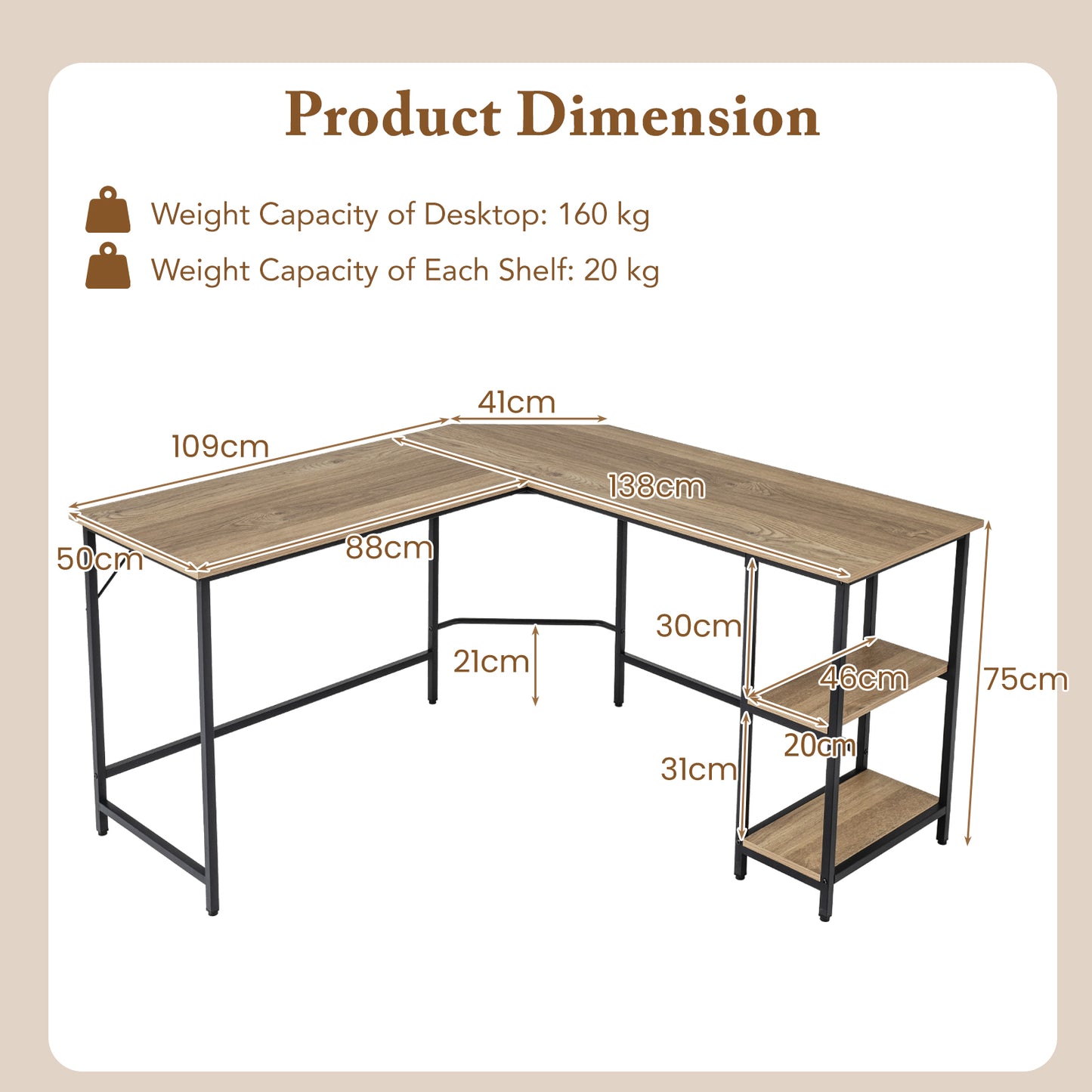 L-Shaped Computer Desk with 2-tier Shelves for Home Office Bedroom-Natural, Costway, 5