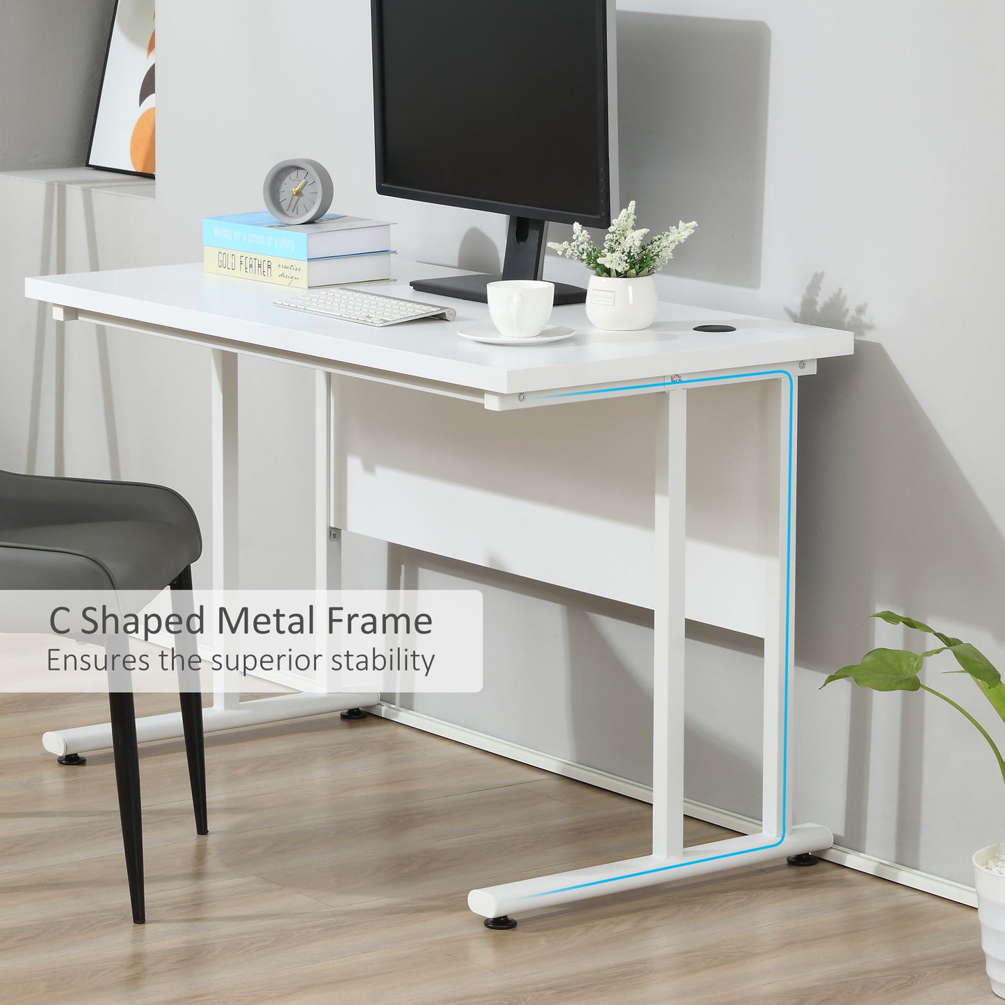 Computer Desk, Home Office Desk, Writing Table, 120x60x75cm Laptop Workstation with 2 Cable Management Holes, C Shaped Metal Legs for Adults, White, HOMCOM, 6