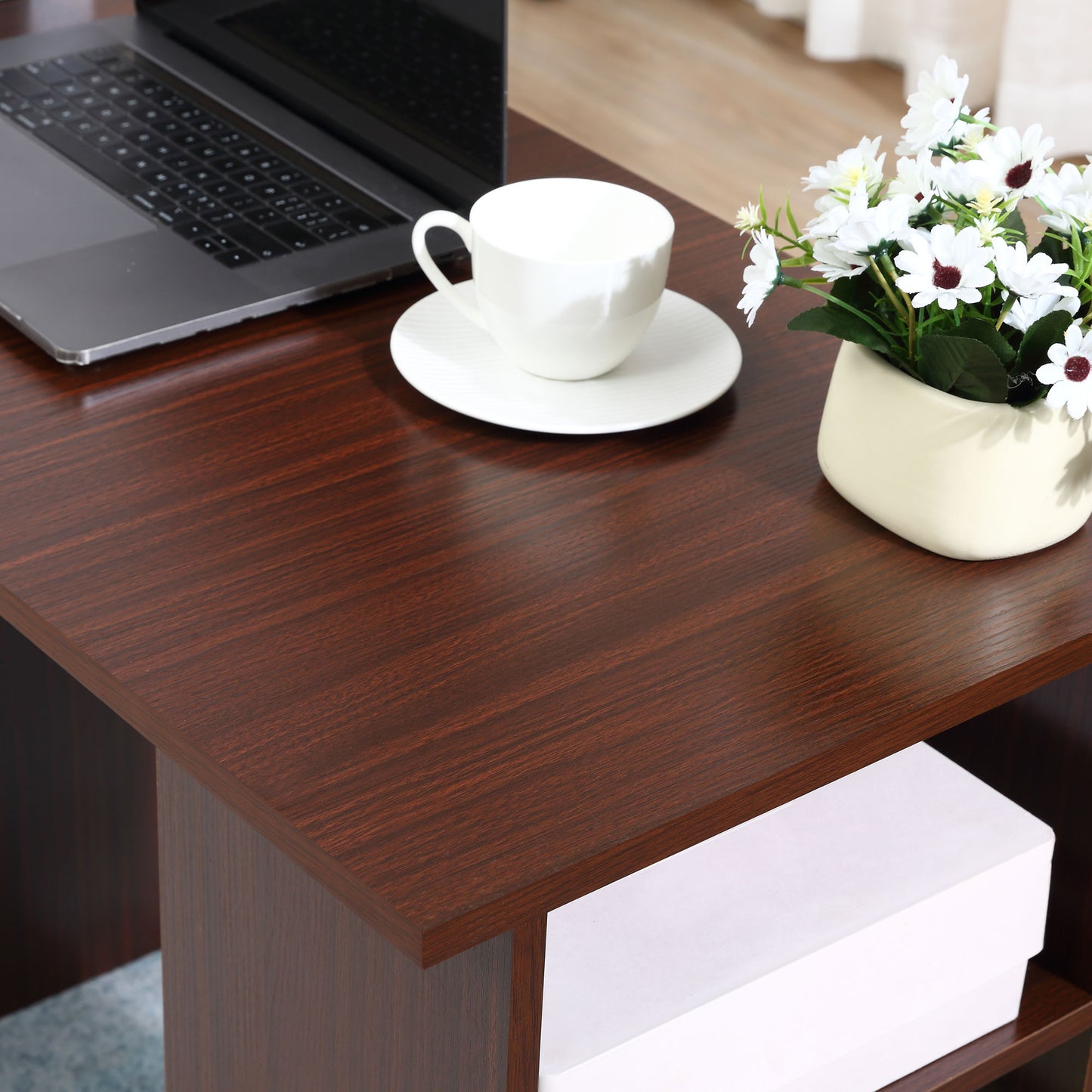 Computer Desk, Writing Table, PC Workstation with 3 Storage Shelves and Drawers, Black Handle, for Home Office, Walnut Brown, HOMCOM, 8