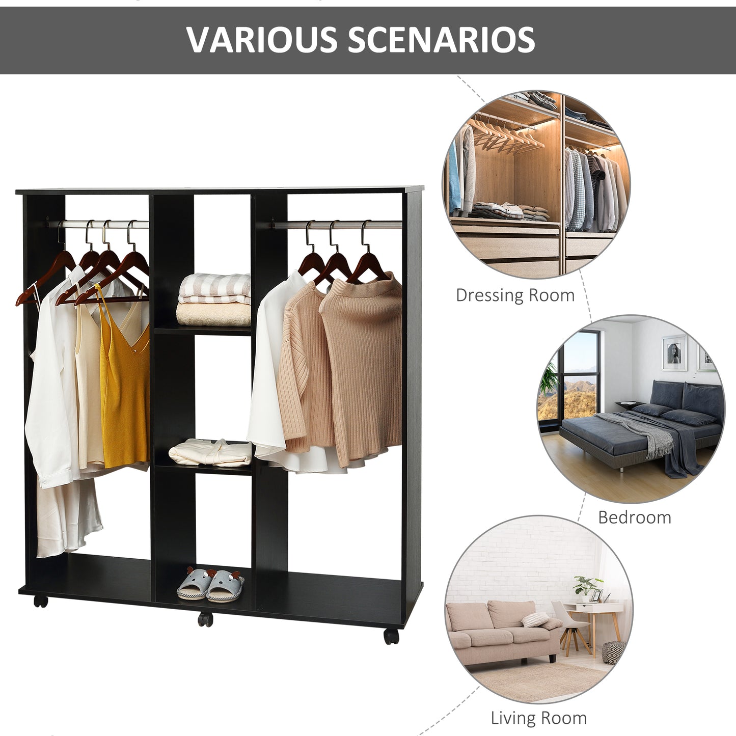 Double Open Wardrobe on Wheels, Bedroom Wardrobe with Clothes Hanging Rails, 3 Storage Shelves, Mobile Garment Rack for Cloakroom, Hallway, Black, HOMCOM, 5