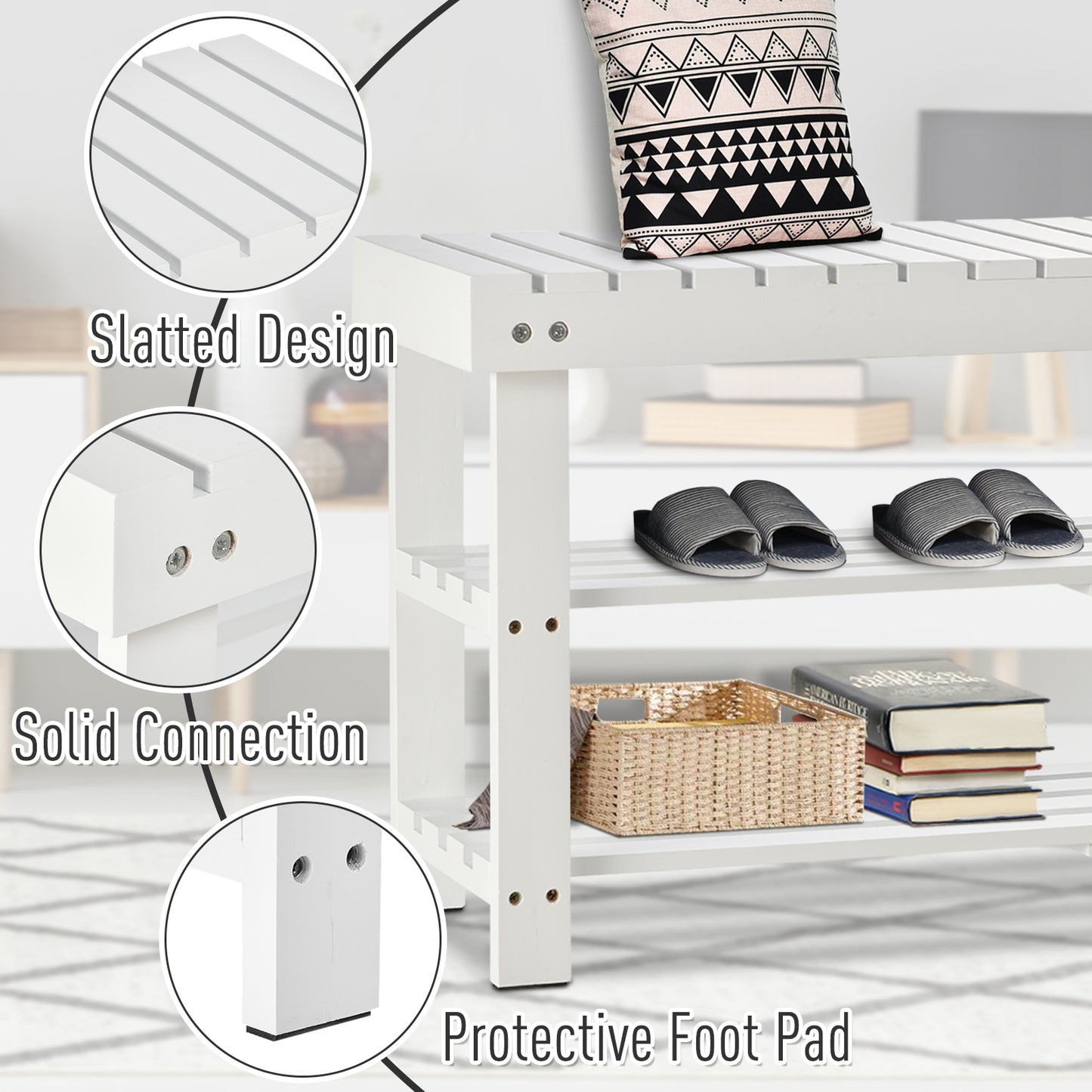 Shoe Bench, 3-Tier Wooden Shoe Rack with Hidden Storage Compartment, Slatted Shelves, Home Storage Unit, Hallway Furniture, White, 90L x 29W x45H cm, HOMCOM, 6