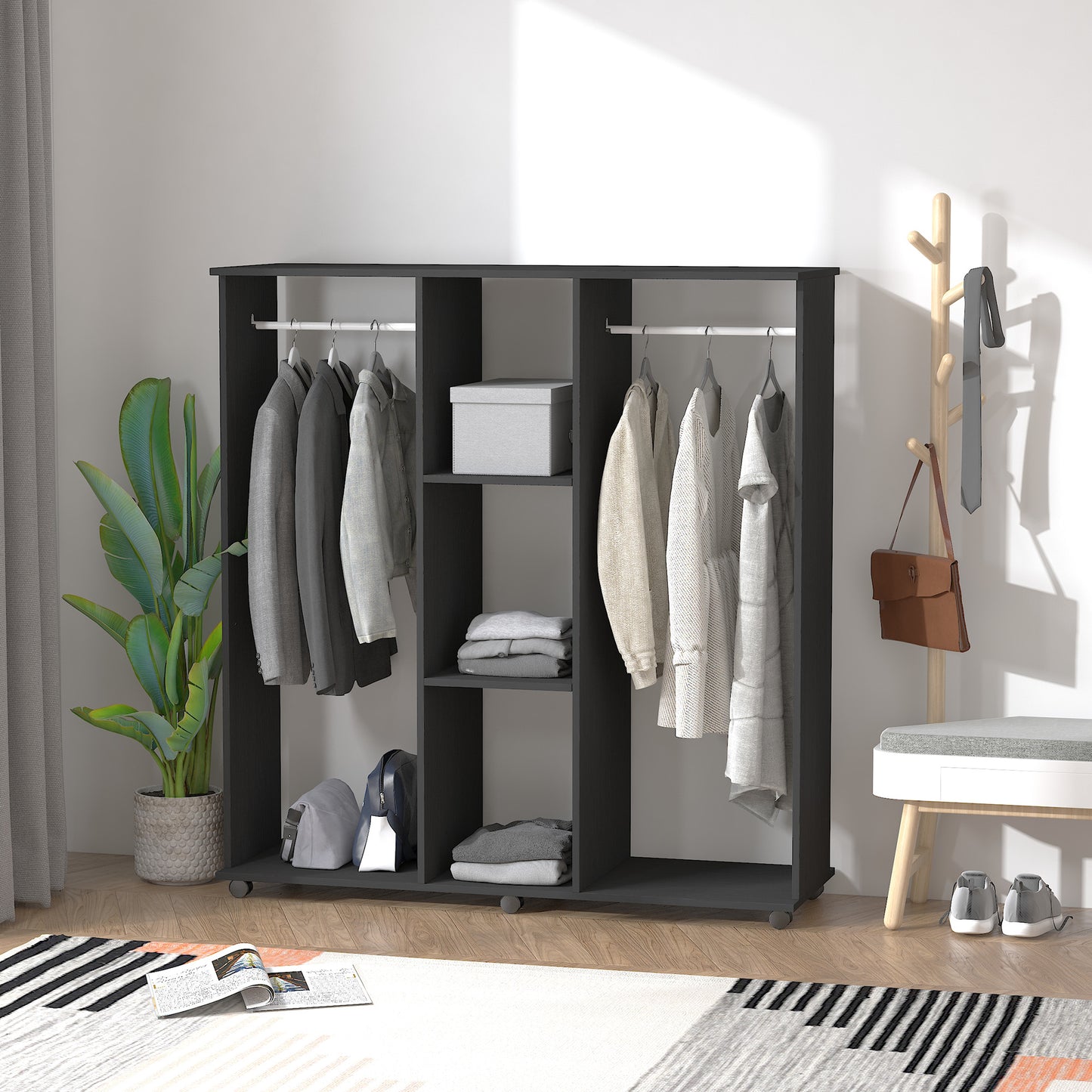 Double Open Wardrobe on Wheels, Bedroom Wardrobe with Clothes Hanging Rails, 3 Storage Shelves, Mobile Garment Rack for Cloakroom, Hallway, Black, HOMCOM, 7