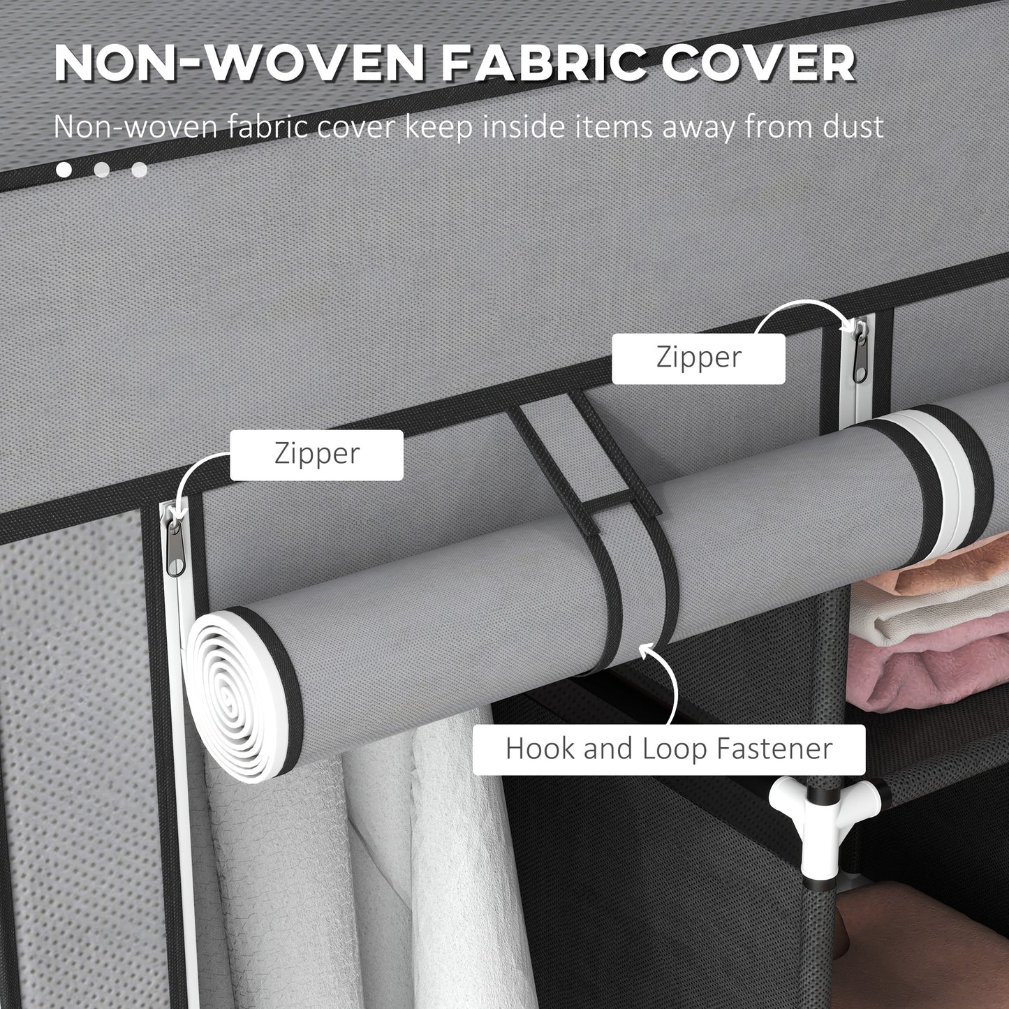 Fabric Wardrobe for Bedroom, Portable Wardrobe with 5 Shelves, 2 Hanging Rails and 3 Fabric Drawers, Foldable Closet, 125 x 43 x 162.5cm, Dark Grey, HOMCOM, 5