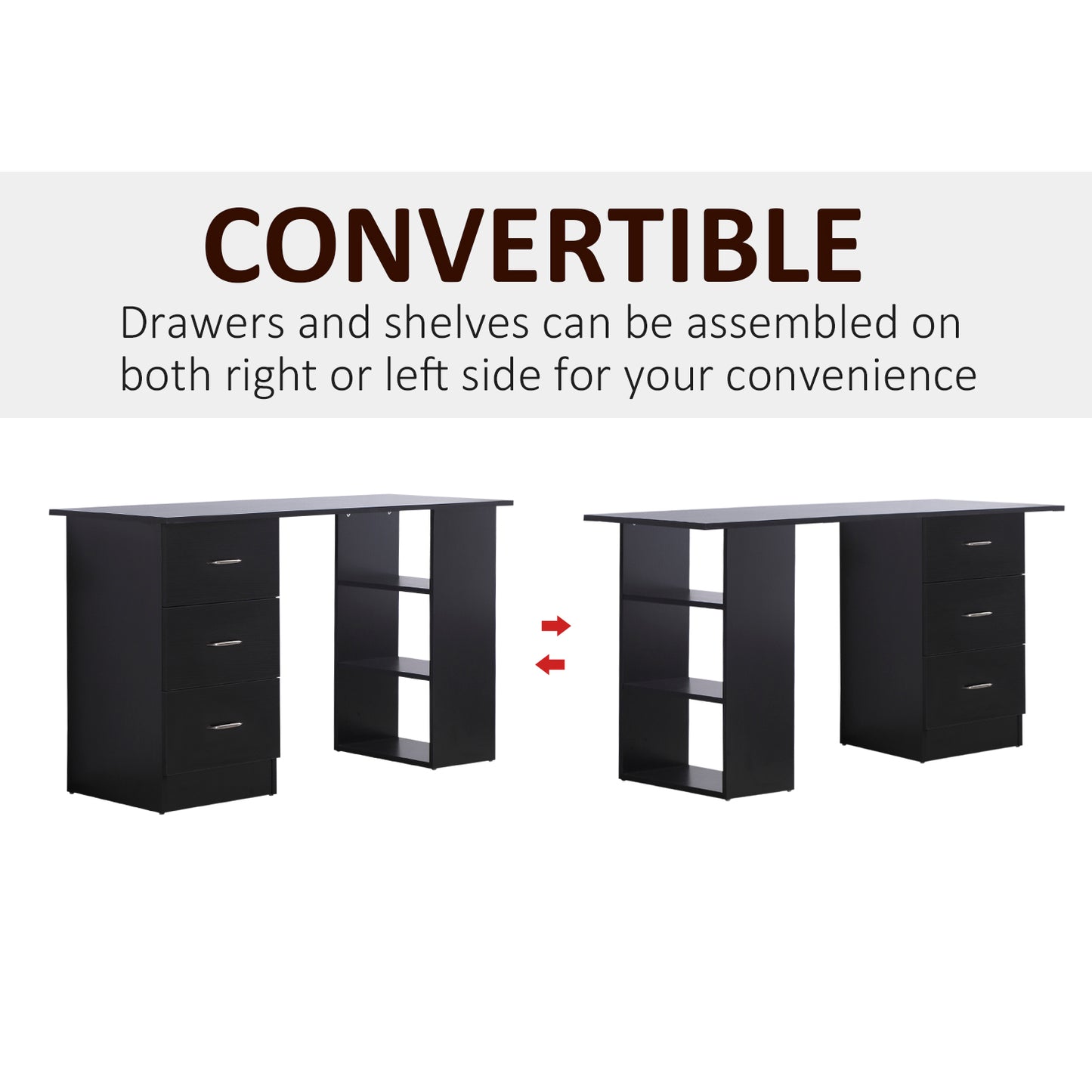 Computer Desk, Writing Table, PC Workstation with 3 Storage Shelves and Drawers, Silver Handle, for Home Office, Black, HOMCOM, 5