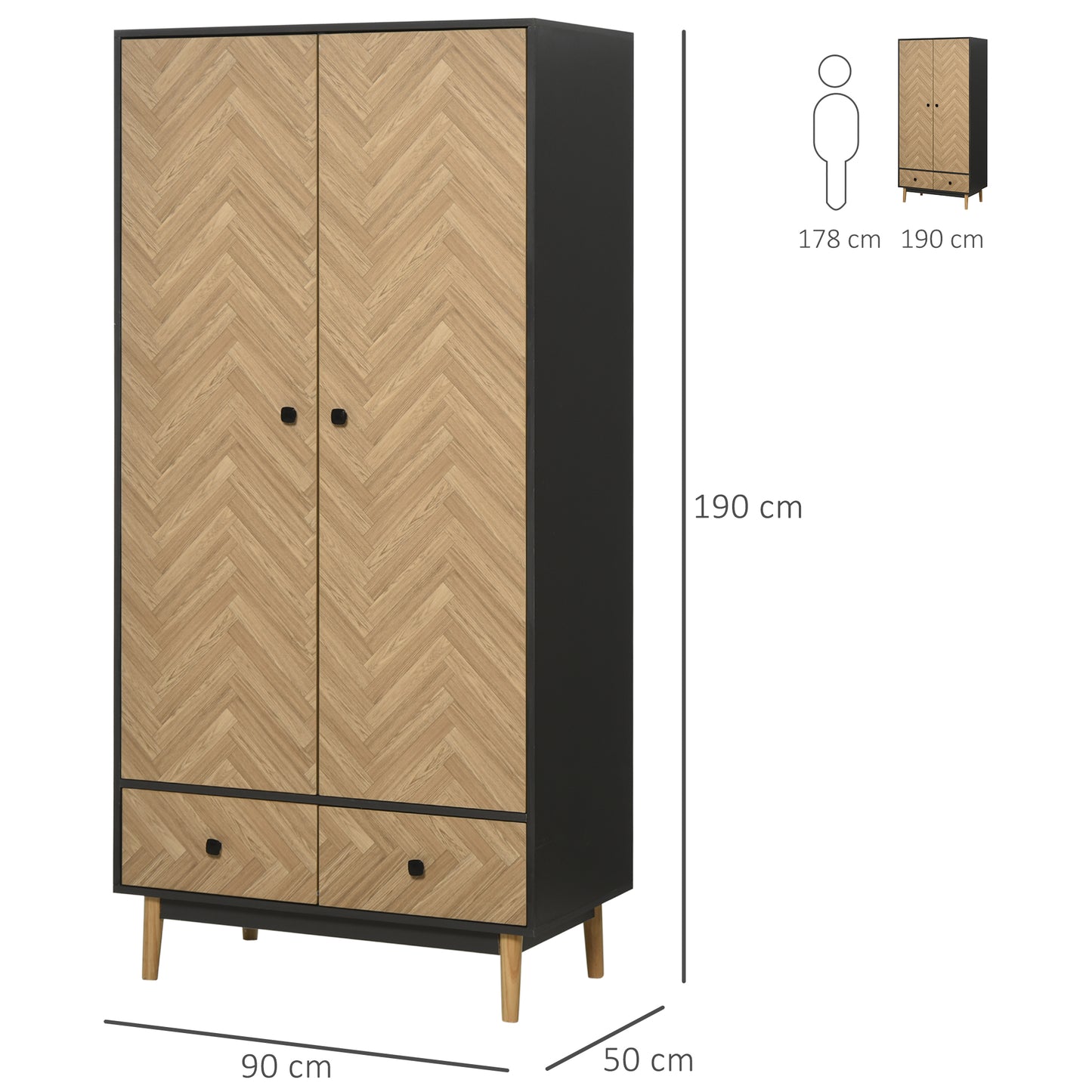 Modern Wardrobe Cabinet Wood Grain Sticker Surface with Shelf, Hanging Rod and 2 Drawers 90x50x190cm, HOMCOM, 3