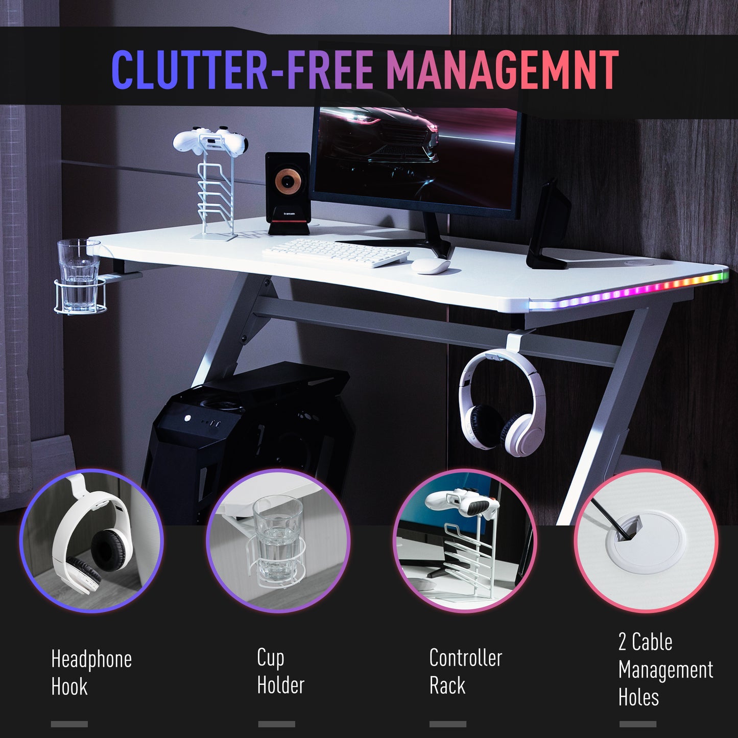 RGB 120 x 66cm Gaming Desk, Computer Table with Carbon Fibre Surface, Headphone Hook, Cup Holder, Controller Rack, Home Office Desk, White, HOMCOM, 6