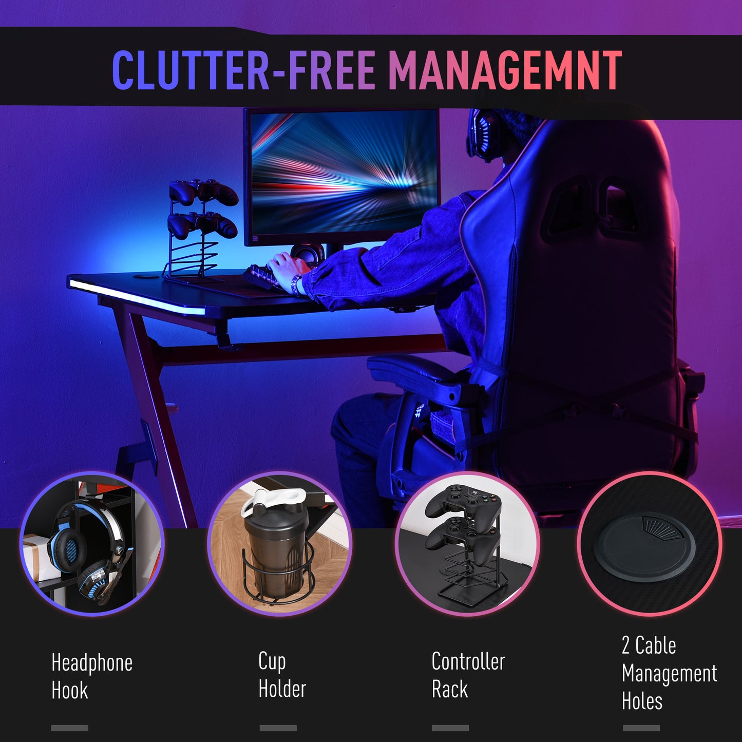 RGB 120 x 66cm Gaming Desk, Computer Table with Carbon Fibre Surface, Headphone Hook, Cup Holder, Controller Rack, Home Office Desk, Black and Red, HOMCOM, 5