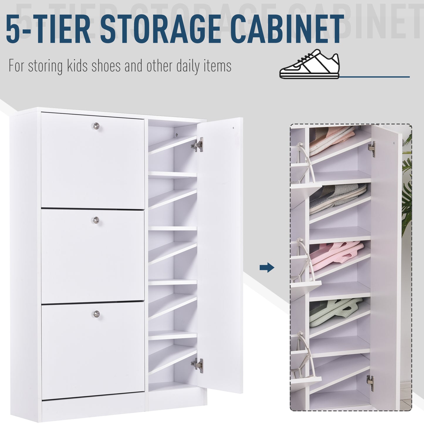 Shoe Cabinet with 3 Flip Drawers, Narrow Shoe Storage Cabinet with 5-tier Cupboard and Adjustable Dividers for Hallway, Entryway, White, HOMCOM, 6
