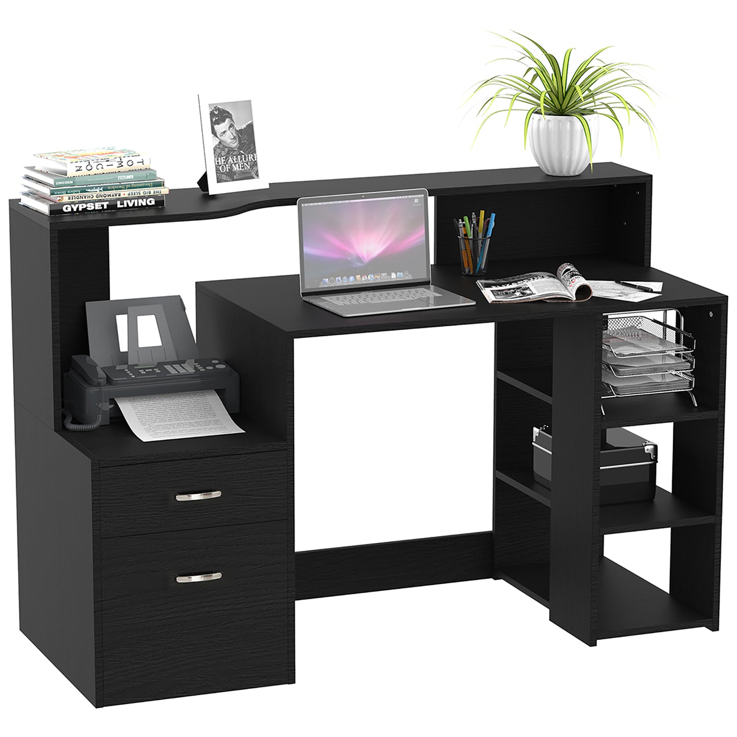Computer Desk with Drawers and Storage Shelves, Reception Desk, Study Workstation for Home Office, 137 x 55 x 92cm, Black, HOMCOM, 1