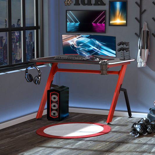 RGB 120 x 66cm Gaming Desk, Computer Table with Carbon Fibre Surface, Headphone Hook, Cup Holder, Controller Rack, Home Office Desk, Black and Red, HOMCOM, 2