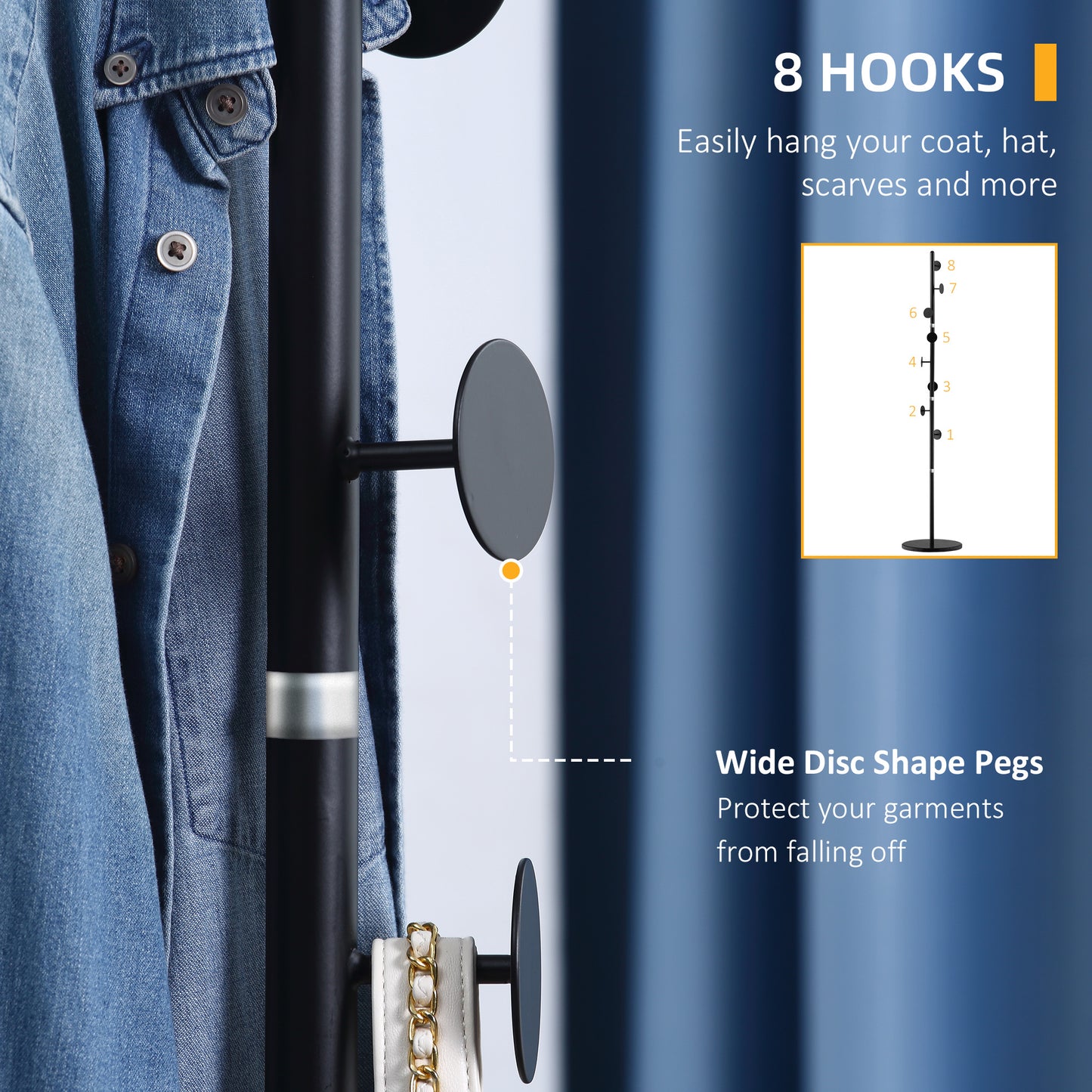 Coat Rack Free Standing Hall Tree with 8 Round Disc Hooks for Clothes, Hats,Purses, Steel Entryway Coat Stand with Marble Base for Entryway, Living Room, Bedroom, Black, HOMCOM, 5