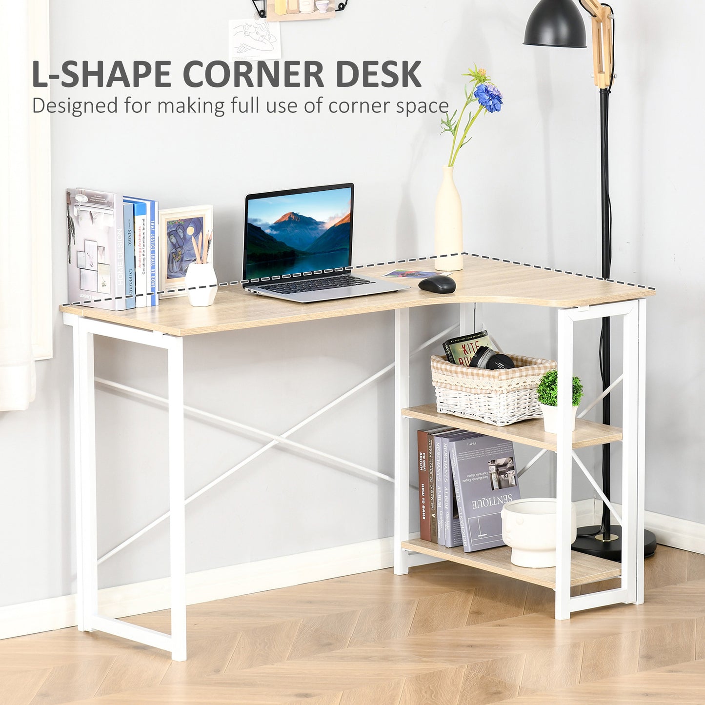Folding Desk, L Shaped Desk, Corner Computer Desk with 2-Tier Storage Shelf for Home Office, Study Room, Workstation, Easy Assembly, 120 x 72.5 x 76.5cm, Oak Tone, HOMCOM, 5