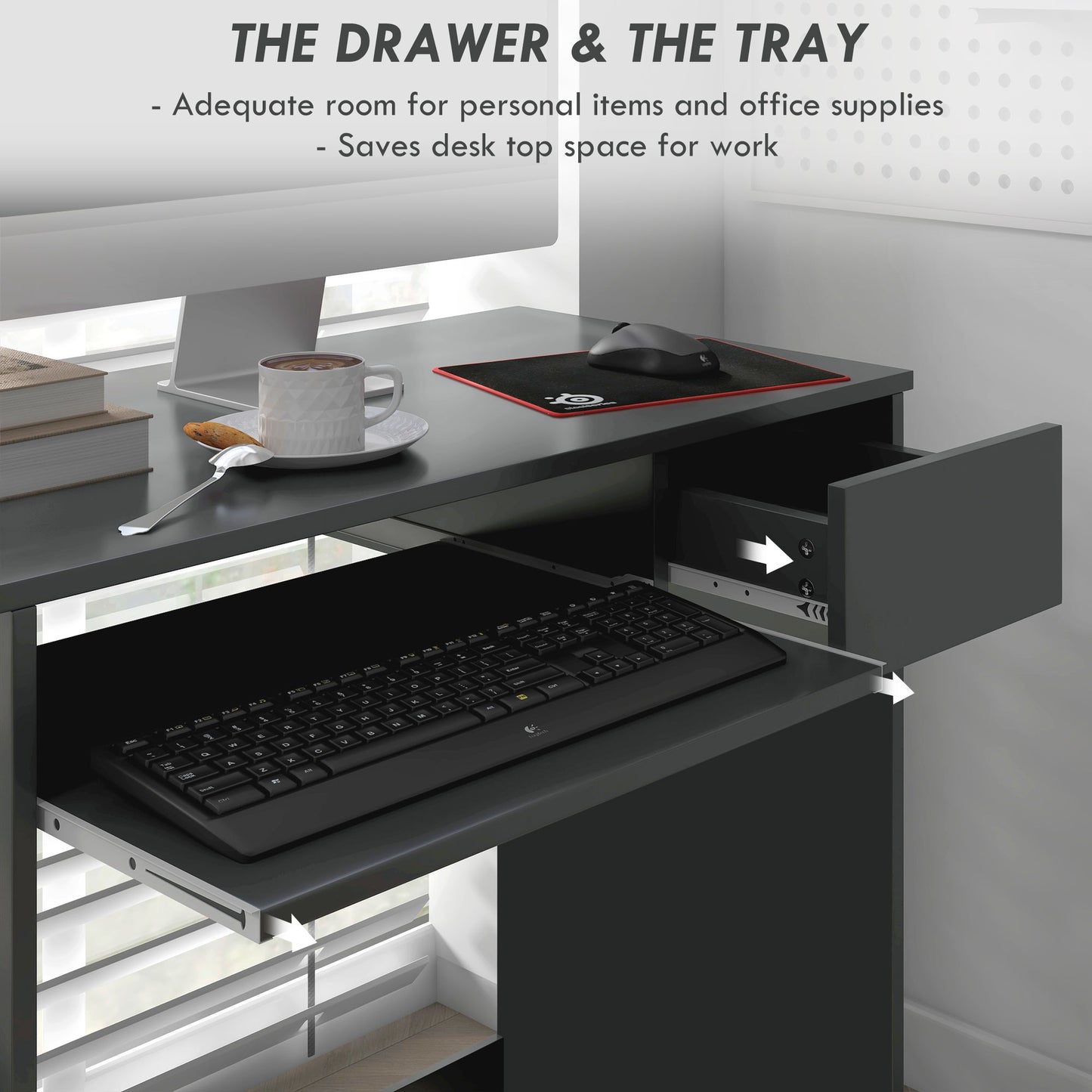 Compact Computer Desk with Keyboard Tray and Drawer, Study Desk, Writing Desk for Home Office, Grey, HOMCOM, 4