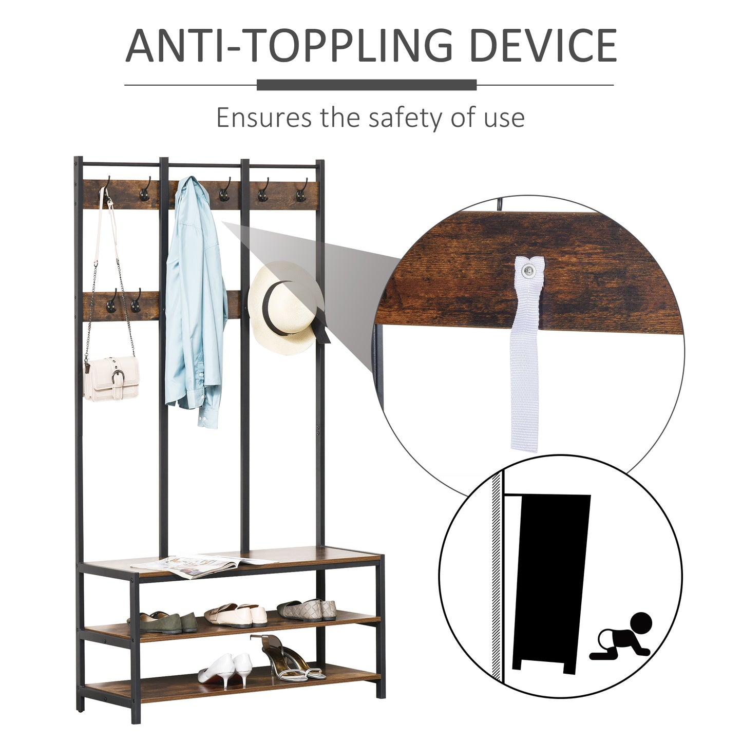 Coat Rack Stand, Free Standing Hall Tree, Coat Stand with Hooks, Bench and Shoe Rack, 100cm x 40cm x 184cm, Industrial Style, Rustic Brown and Black, HOMCOM, 4