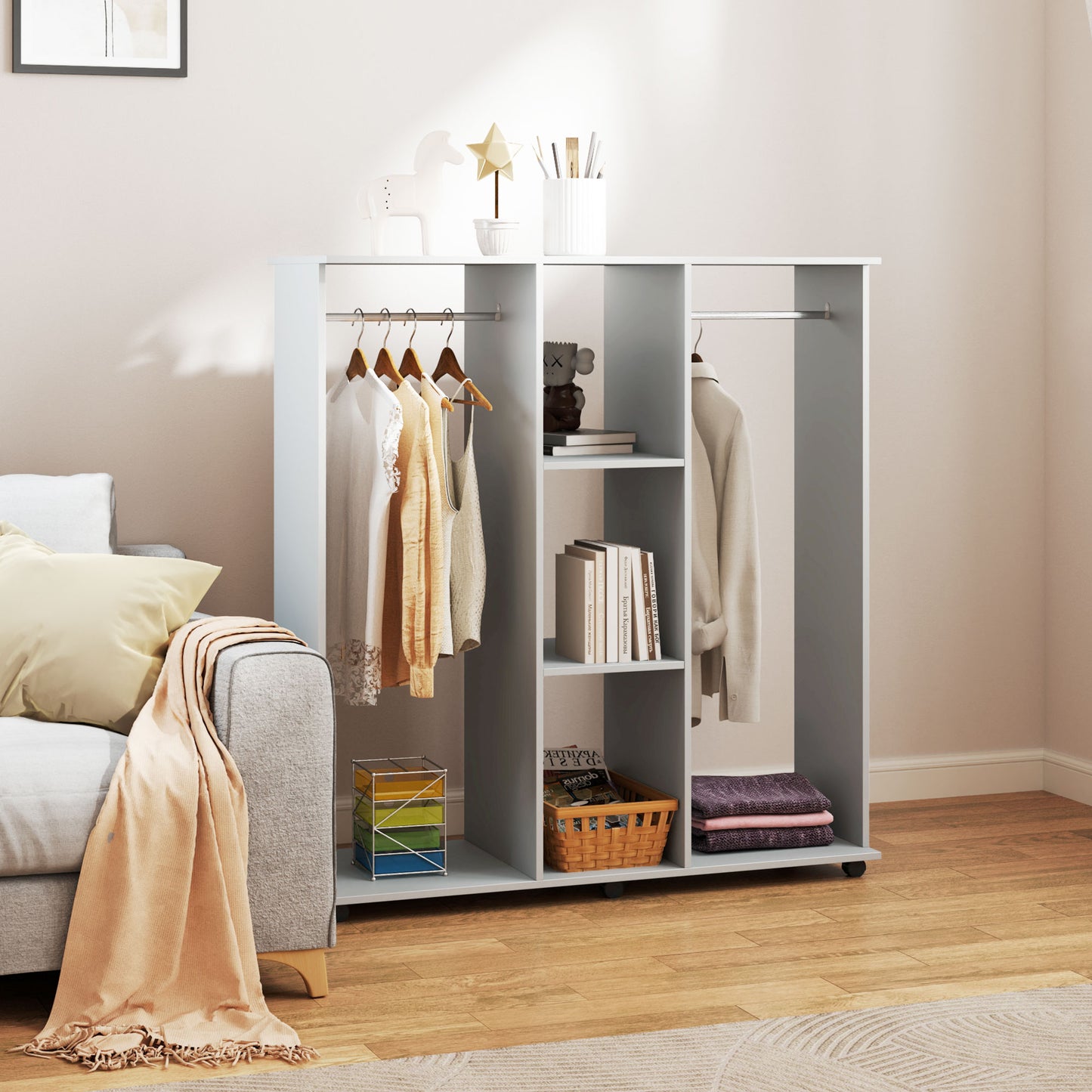 Double Open Wardrobe on Wheels, Bedroom Wardrobe with Clothes Hanging Rails, 3 Storage Shelves, Mobile Garment Rack for Cloakroom, Hallway, Grey, HOMCOM, 2