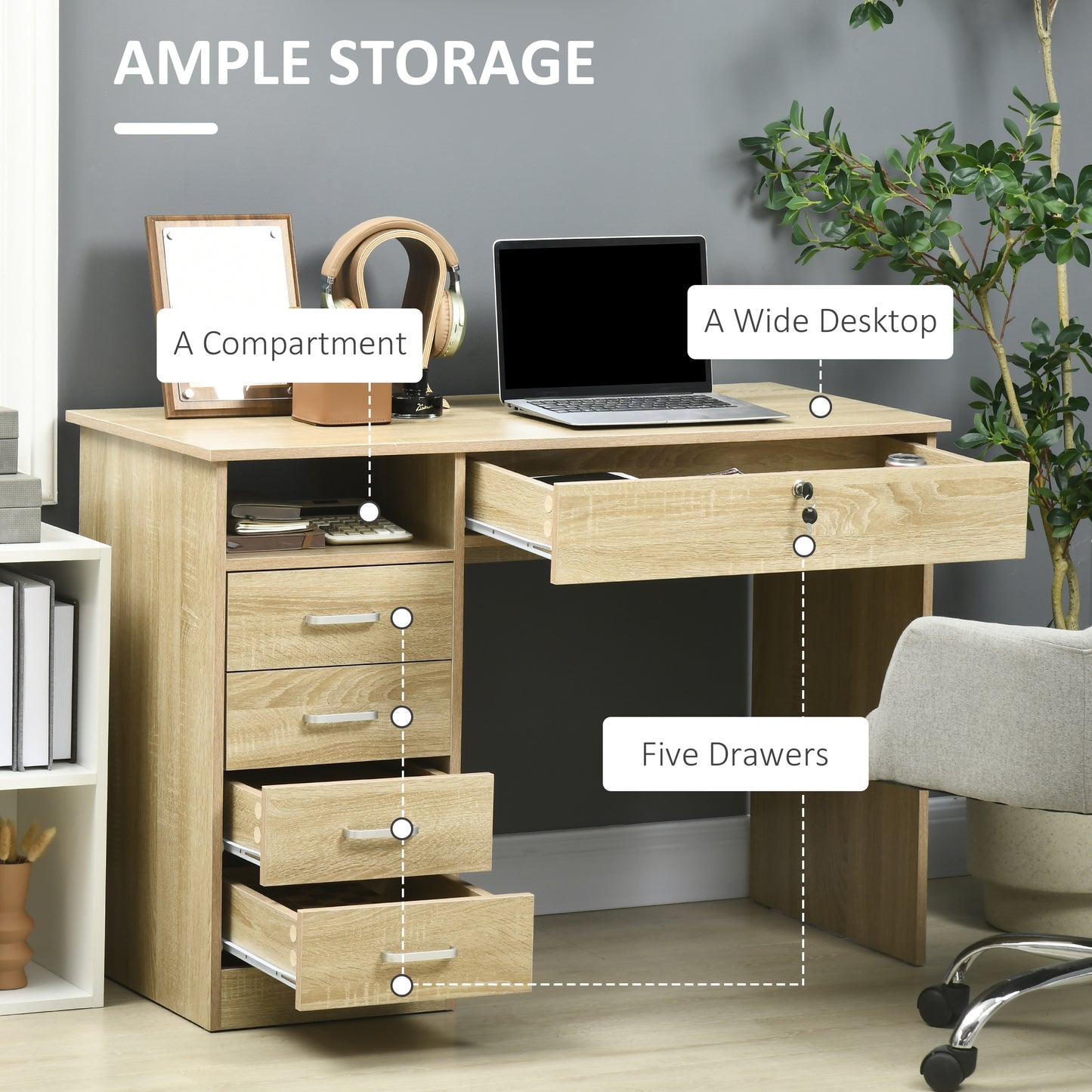 Computer Desk, Home Office Desk with Lockable Drawer, Storage Shelf for Study Bedroom, 110 x 50 x 76 cm, Oak, HOMCOM, 5