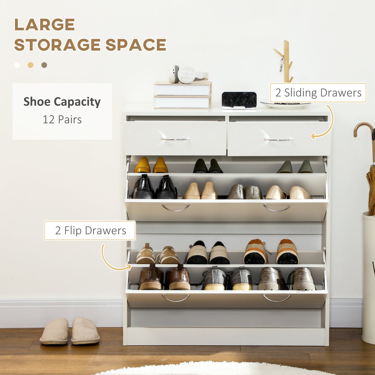 Narrow Shoe Storage with 2 Flip Drawers and Adjustable Shelves Shoe Cabinet Organizer for 12 Pairs of Shoes, White, HOMCOM, 4