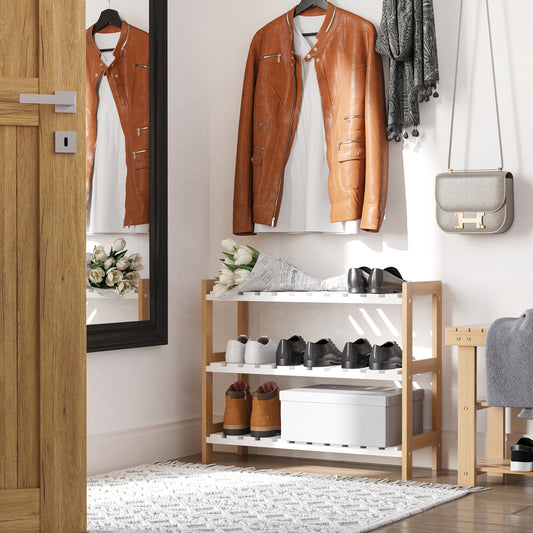 3-Tier Shoe Rack Wood Frame Slatted Shelves Spacious Open Hygienic Storage Home Hallway Furniture Family Guests 70L x 26W x 57.5H cm - Natural, HOMCOM, 2