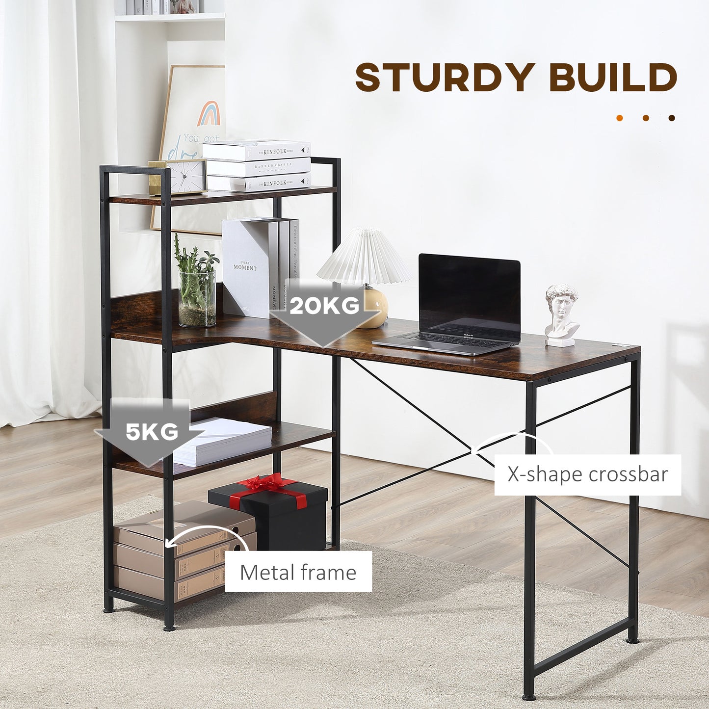 Computer Desk with 4-Tier Storage Shelf, Study Table, Home Office Desk with Bookshelf and Metal Frame, 120 x 70 x 120cm, Brown, HOMCOM, 6