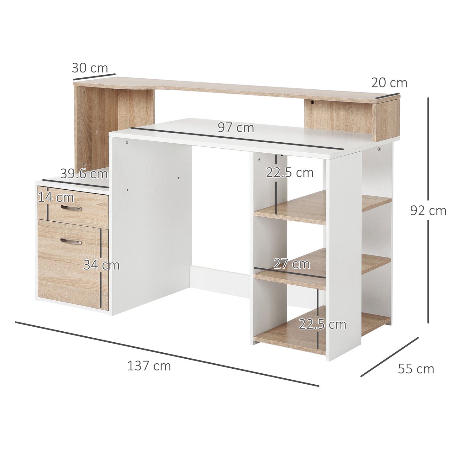 Computer Desk with Drawers and Storage Shelves, Reception Desk, Study Workstation for Home Office, 137 x 55 x 92cm, Oak and White, HOMCOM, 3