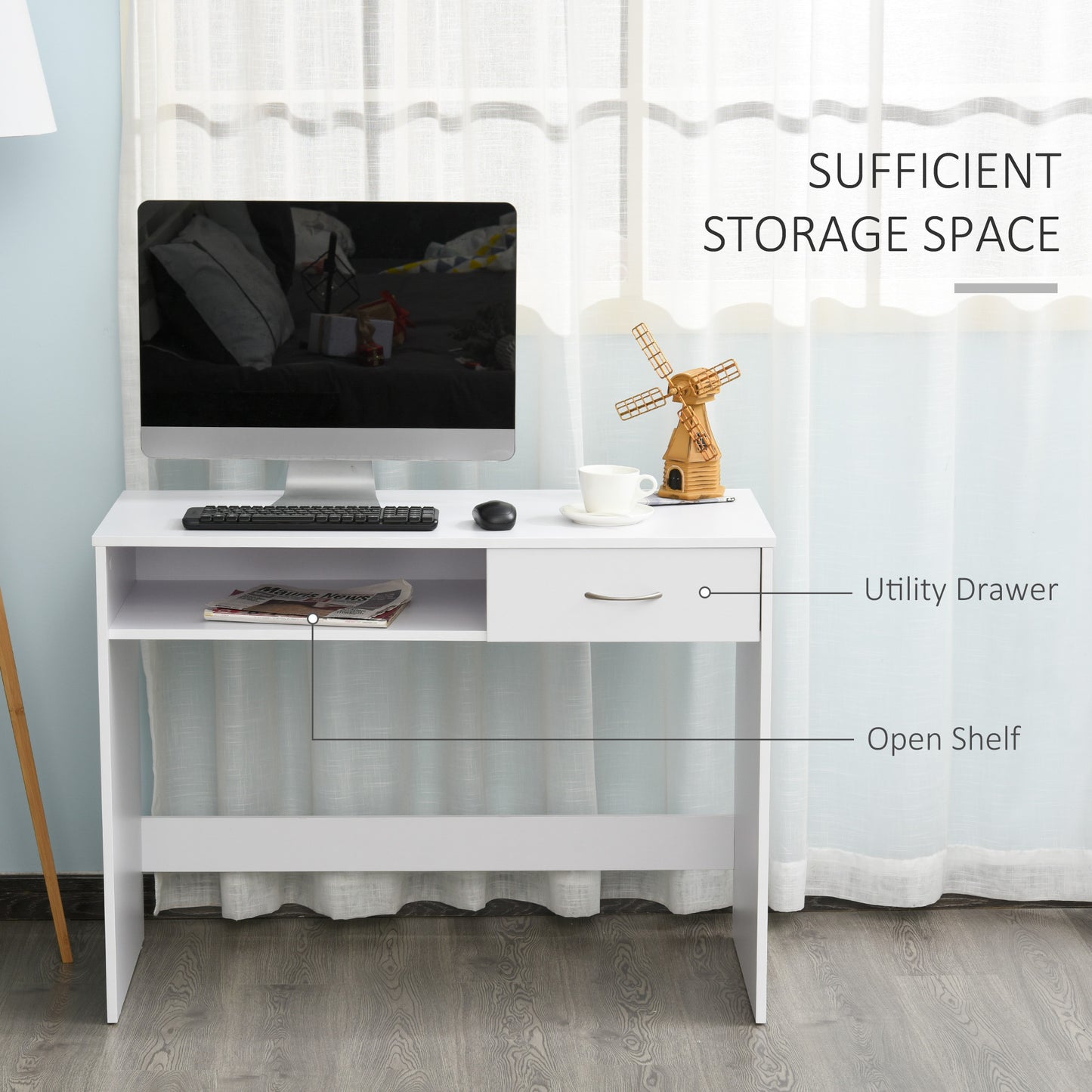 Compact Computer Desk, Study Table with Drawer and Storage Compartment, Writing Workstation, White, HOMCOM, 4