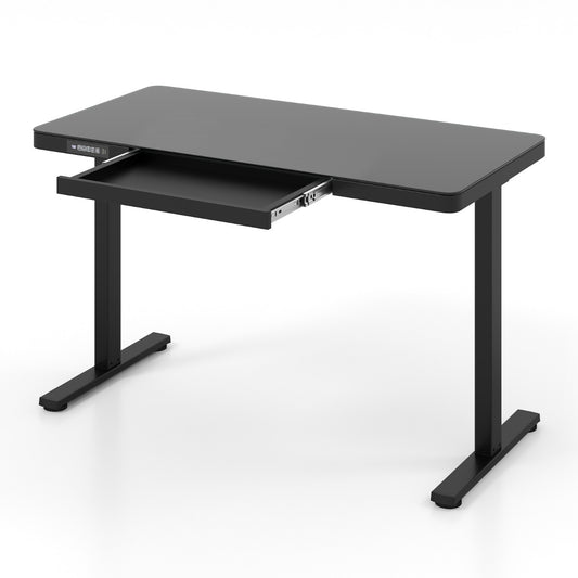 Whole-Piece Glass Standing Desk with Drawers, Height Adjustable Desk, Electric Stand up Desk with Writable Tempered Glass Top, Costway, 1