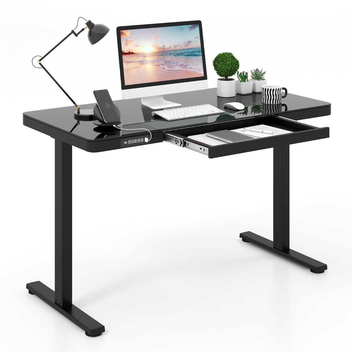 Whole-Piece Glass Standing Desk with Drawers, Height Adjustable Desk, Electric Stand up Desk with Writable Tempered Glass Top, Costway, 4