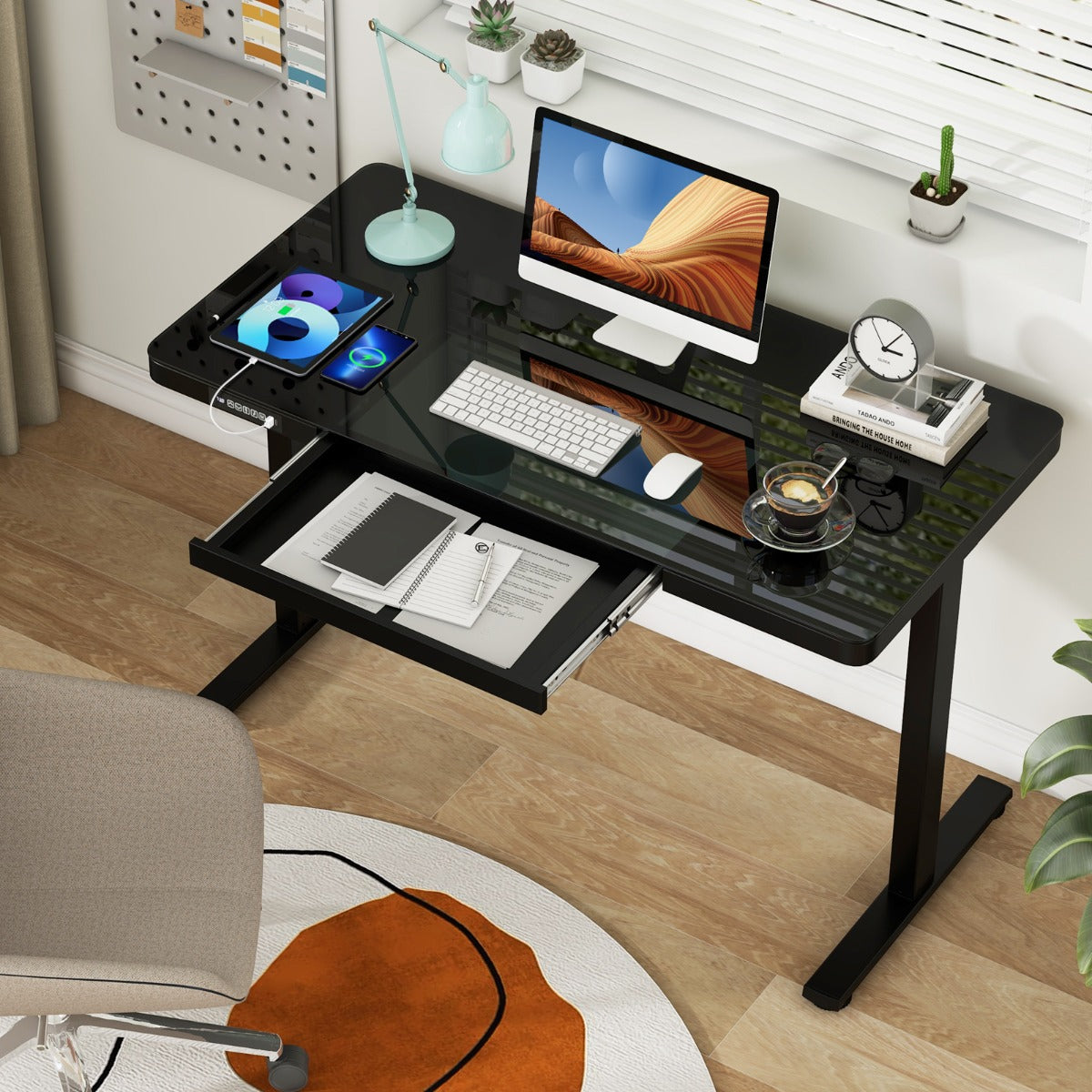 Whole-Piece Glass Standing Desk with Drawers, Height Adjustable Desk, Electric Stand up Desk with Writable Tempered Glass Top, Costway, 2