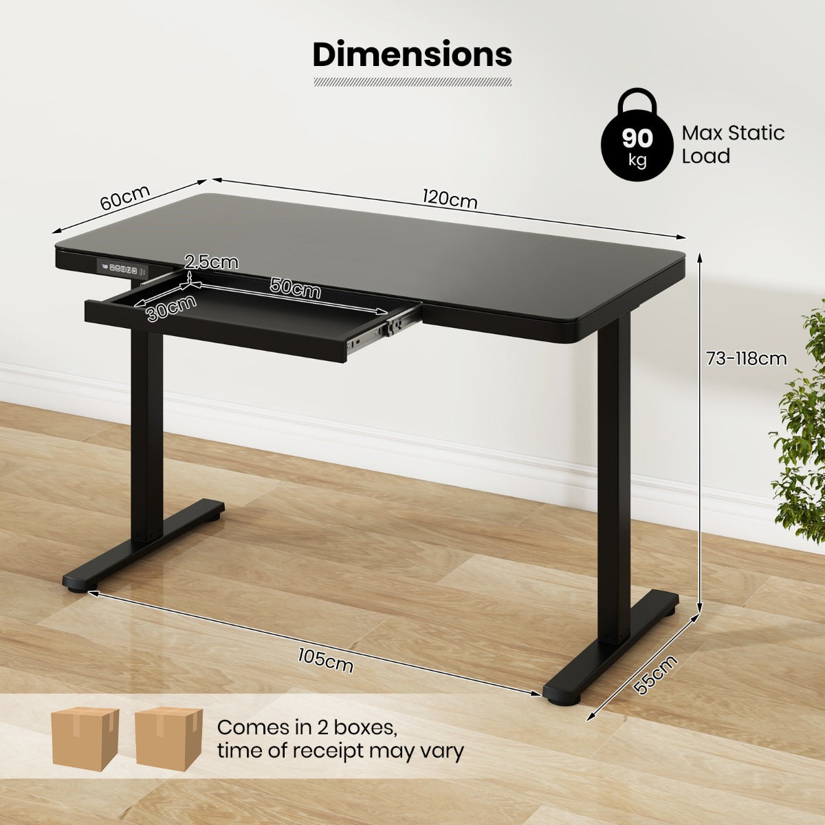 Whole-Piece Glass Standing Desk with Drawers, Height Adjustable Desk, Electric Stand up Desk with Writable Tempered Glass Top, Costway, 5