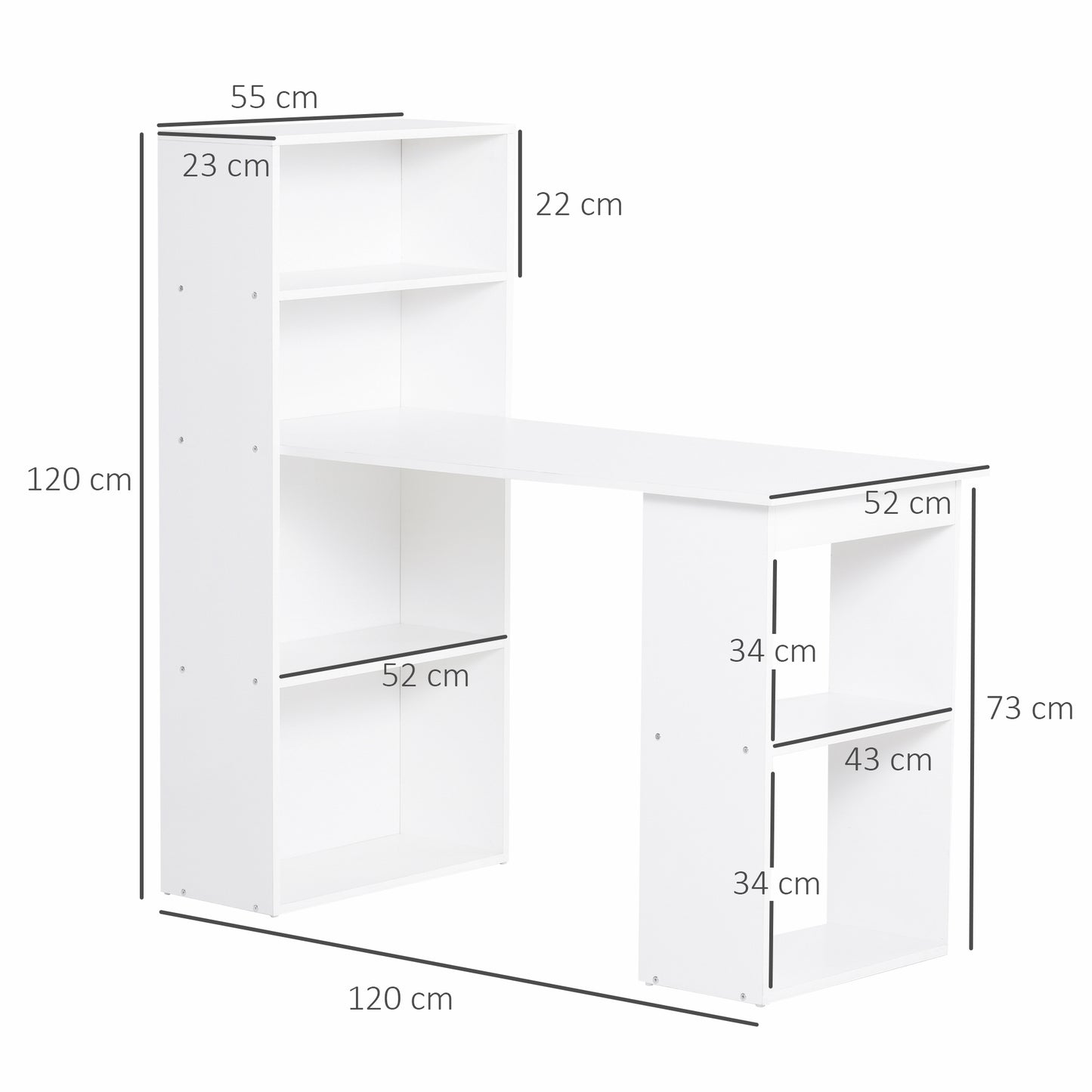 120cm Modern Computer Desk Bookshelf Study Table Workstation PC Laptop Writing Home Office 6 Shelves White, HOMCOM, 3
