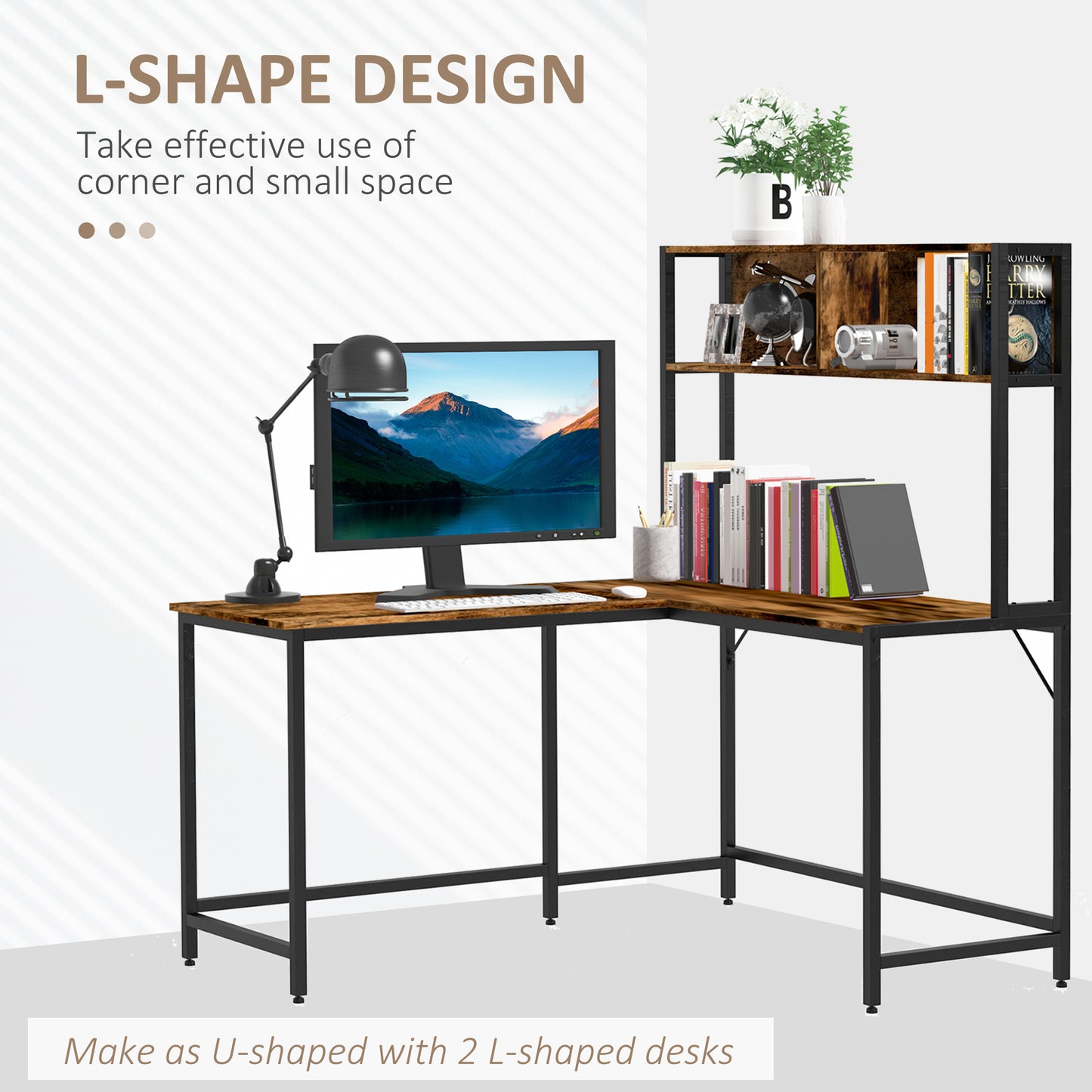 Reversible L Shaped Desk with Hutch, Industrial Computer Desk, Corner Desk with Storage Compartments and Steel Frame for Home Office, Study, 140 x 125cm, Brown, HOMCOM, 8