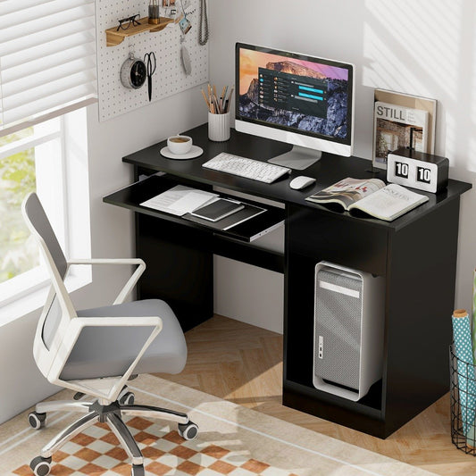 Wooden Computer Desk with Pull-out Keyboard Tray and Adjustable Storage Shelves-Black, Costway, 2