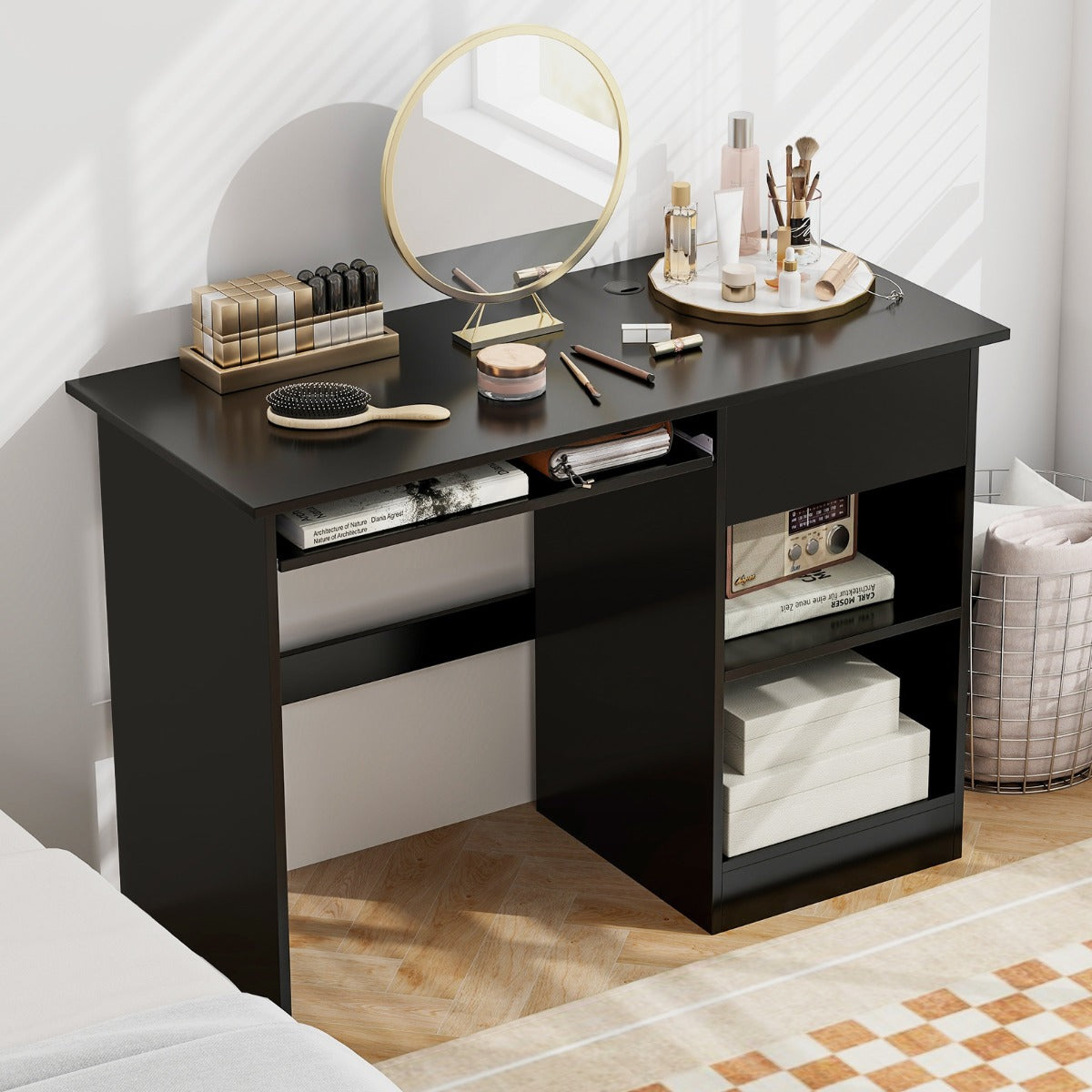 Wooden Computer Desk with Pull-out Keyboard Tray and Adjustable Storage Shelves-Black, Costway, 3