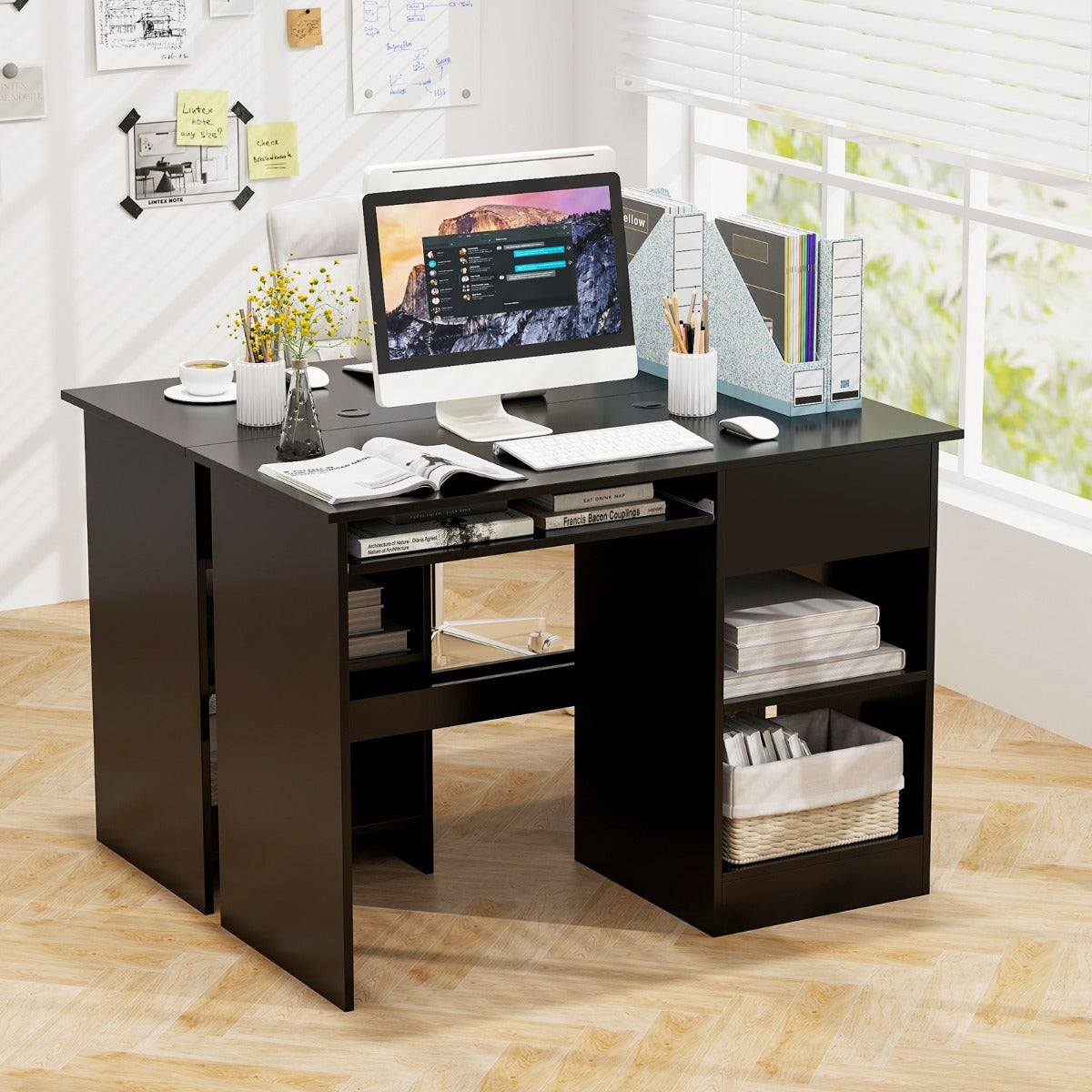 Wooden Computer Desk with Pull-out Keyboard Tray and Adjustable Storage Shelves-Black, Costway, 6