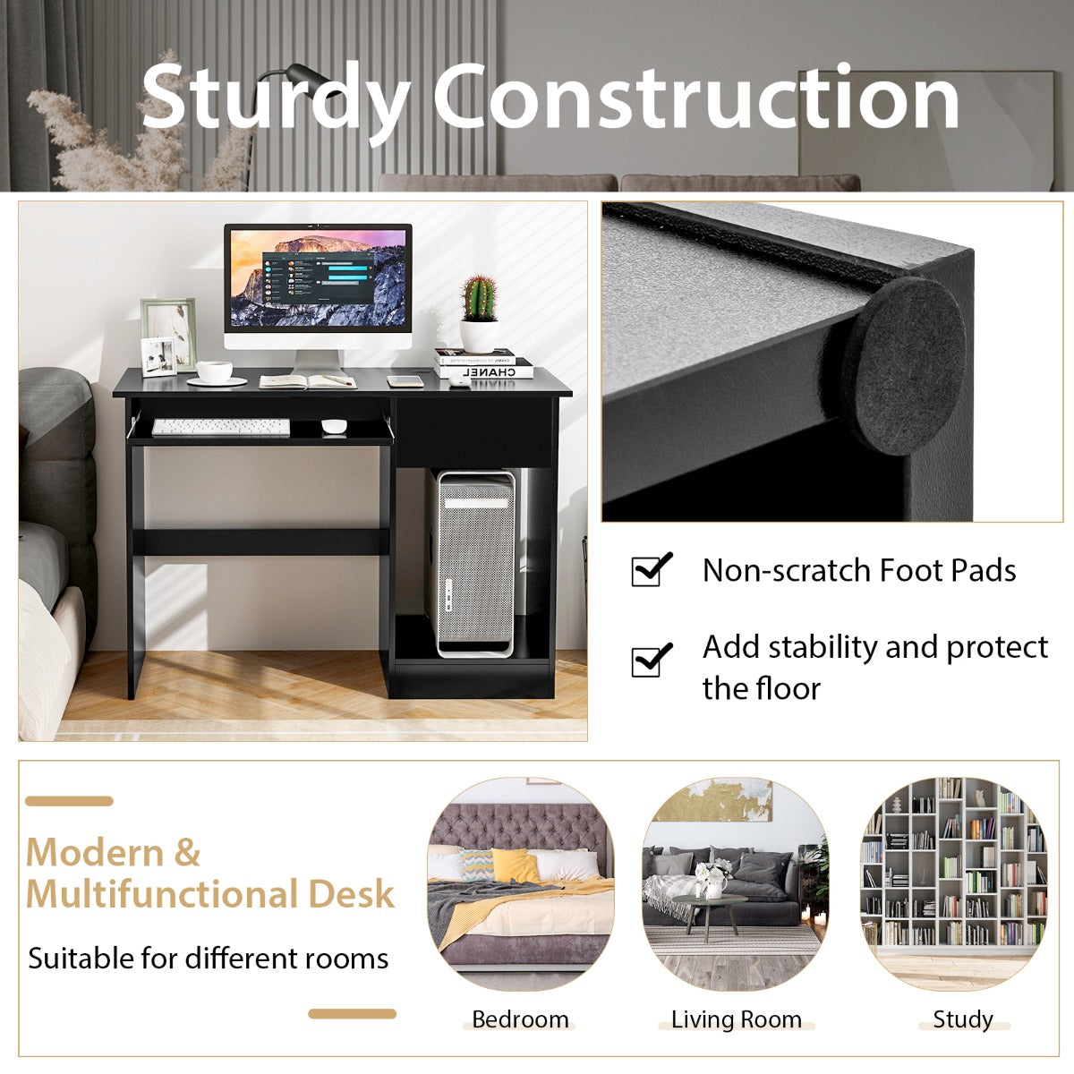 Wooden Computer Desk with Pull-out Keyboard Tray and Adjustable Storage Shelves-Black, Costway, 7