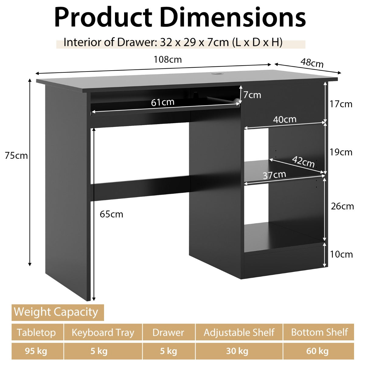 Wooden Computer Desk with Pull-out Keyboard Tray and Adjustable Storage Shelves-Black, Costway, 5