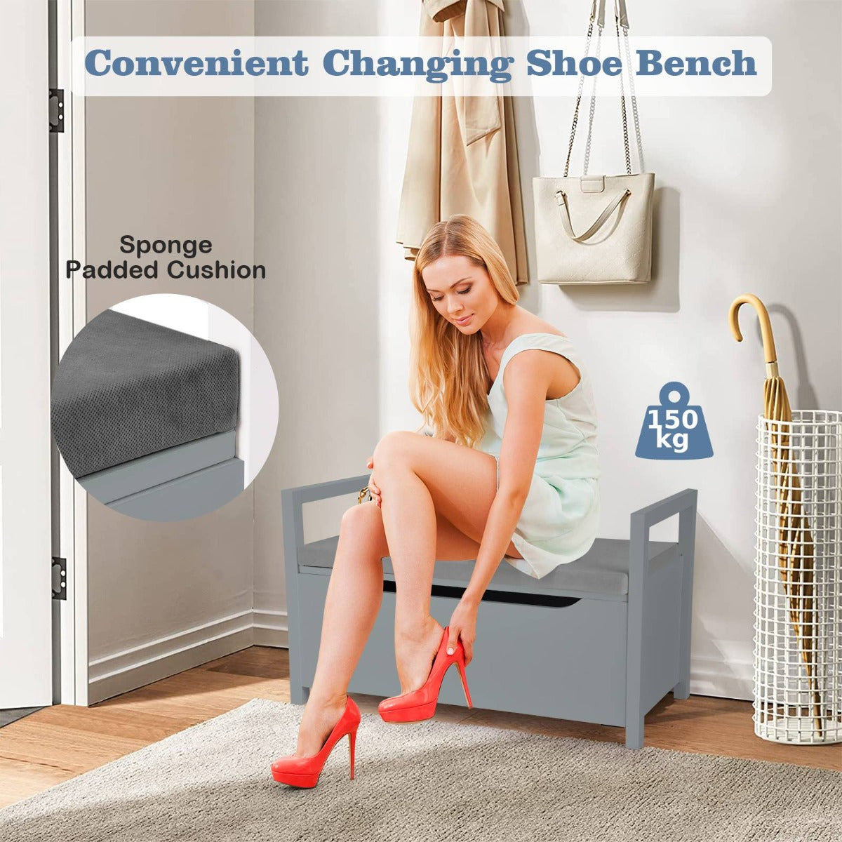 2-in-1 Wooden Shoe Changing Bench with Storage Space-Grey, Costway, 7