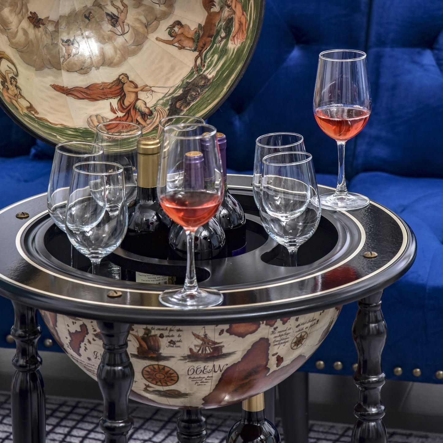 Unique Globe Drinks Cabinet Wood Frame 3 Compartments Bottles Glasses w/ Bottom Shelf 4 Wheels Elegant Antique Movable Safe Storage Presentation Wine Alcohol Beverage Trolley Brown Beige, HOMCOM, 9