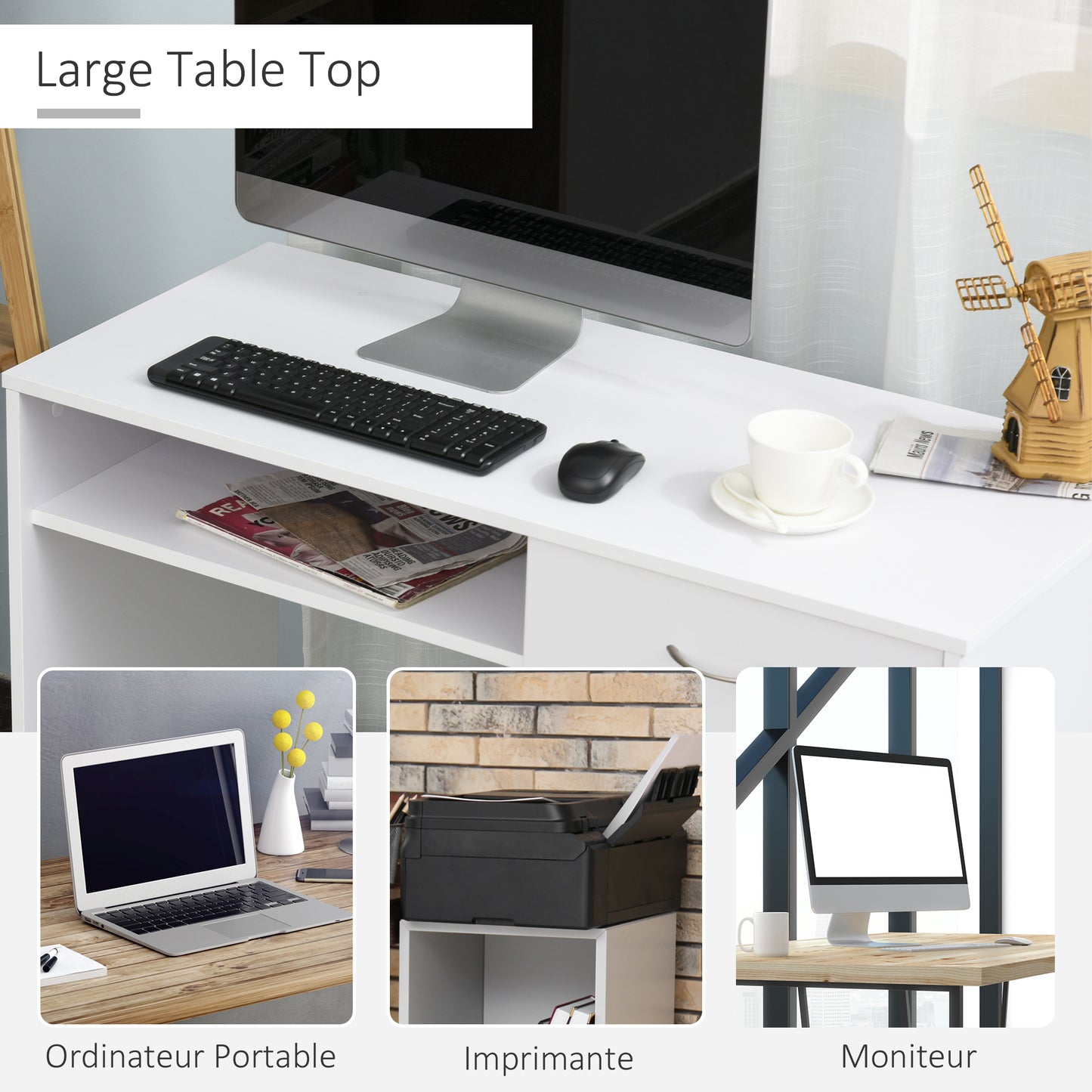 Compact Computer Desk, Study Table with Drawer and Storage Compartment, Writing Workstation, White, HOMCOM, 7