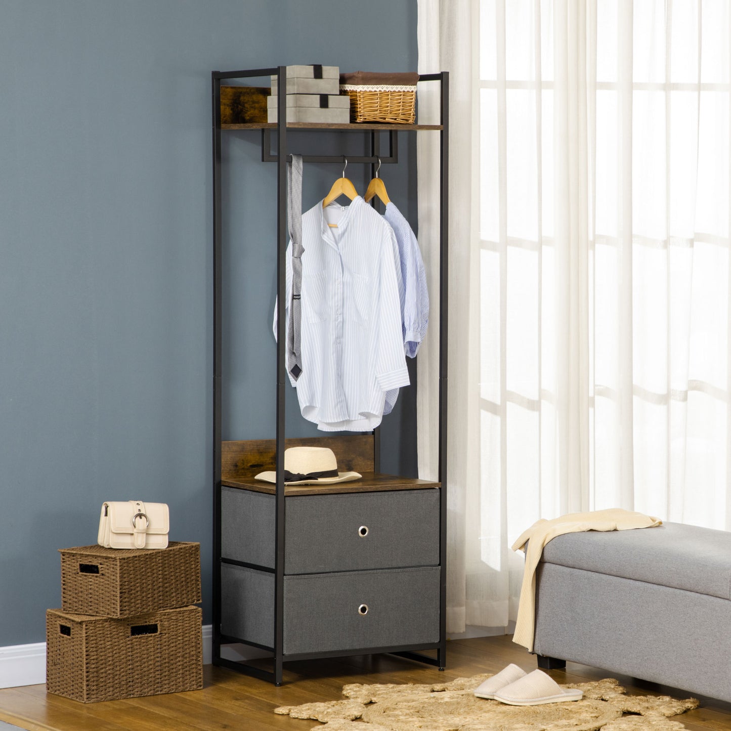 Clothes Rail, Metal Coat Stand, Garment Rack with 2 Fabric Storage Drawers, Single Wardrobe for Bedroom, Hallway, Rustic Brown and Grey, HOMCOM, 2