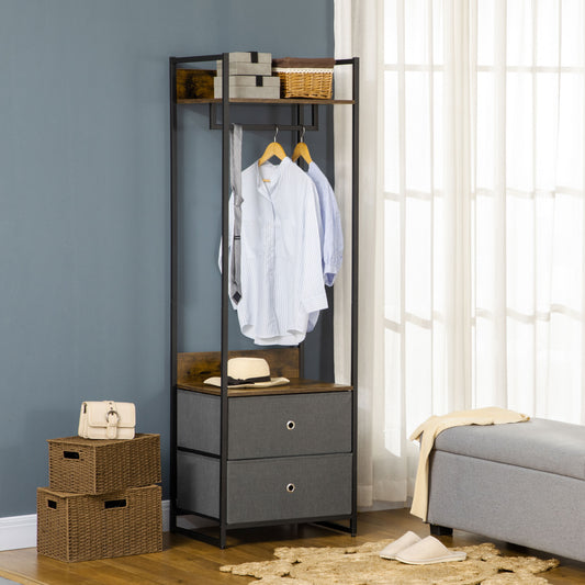 Clothes Rail, Metal Coat Stand, Garment Rack with 2 Fabric Storage Drawers, Single Wardrobe for Bedroom, Hallway, Rustic Brown and Grey, HOMCOM, 2