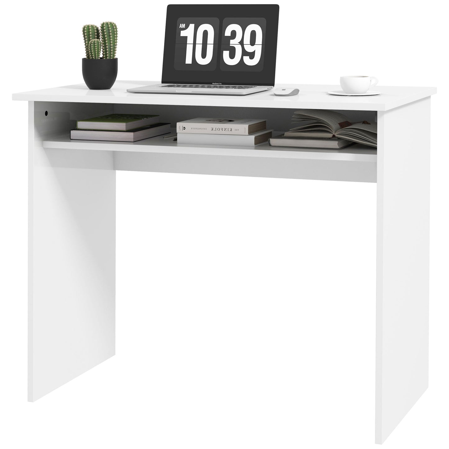 90 x 50cm Computer Table, Modern Home Office Desk, Small Writing Desk with Storage Shelf, High Gloss White, HOMCOM, 1