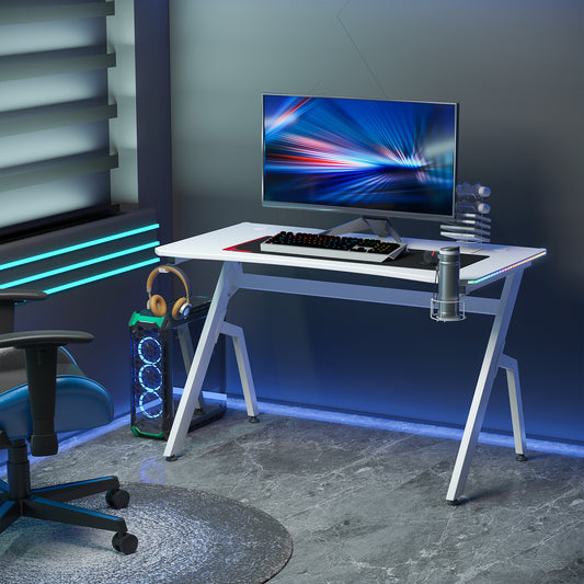 RGB 120 x 66cm Gaming Desk, Computer Table with Carbon Fibre Surface, Headphone Hook, Cup Holder, Controller Rack, Home Office Desk, White, HOMCOM, 2