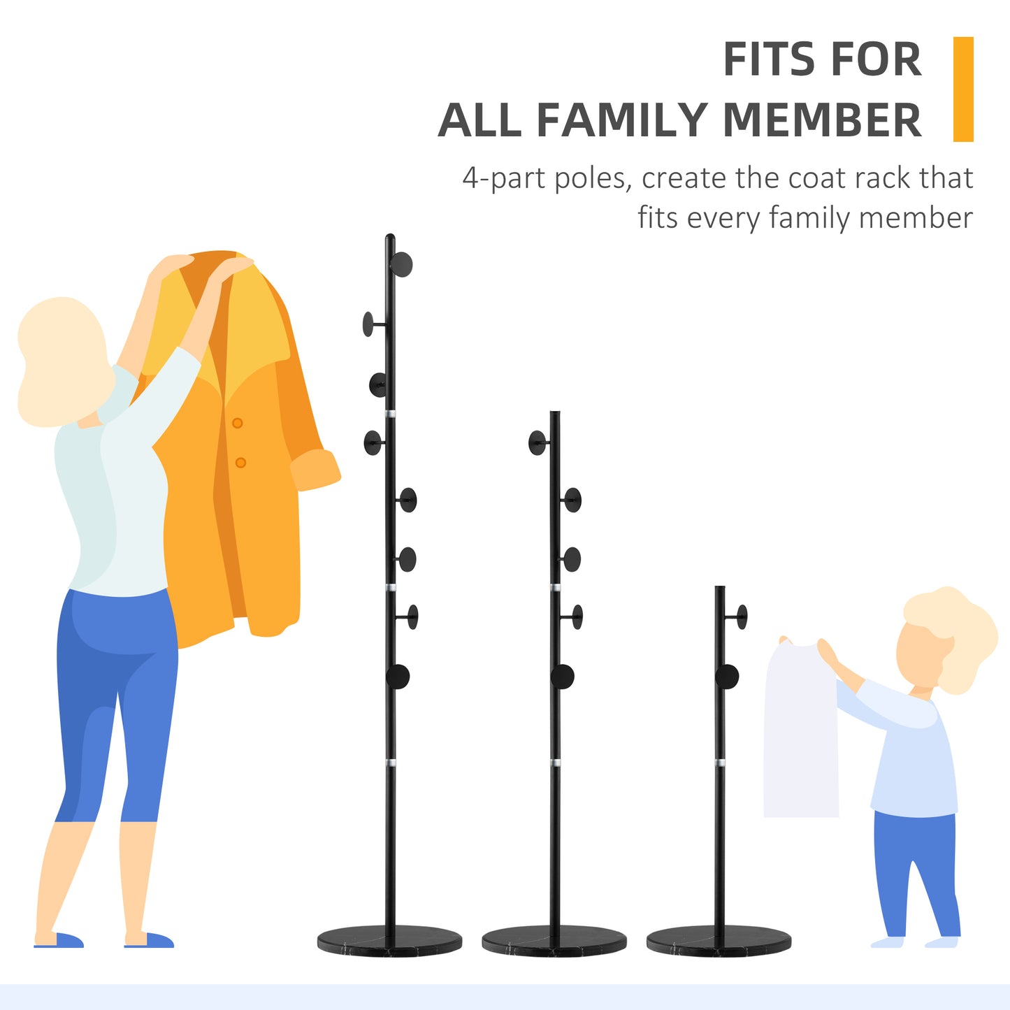 Coat Rack Free Standing Hall Tree with 8 Round Disc Hooks for Clothes, Hats,Purses, Steel Entryway Coat Stand with Marble Base for Entryway, Living Room, Bedroom, Black, HOMCOM, 9