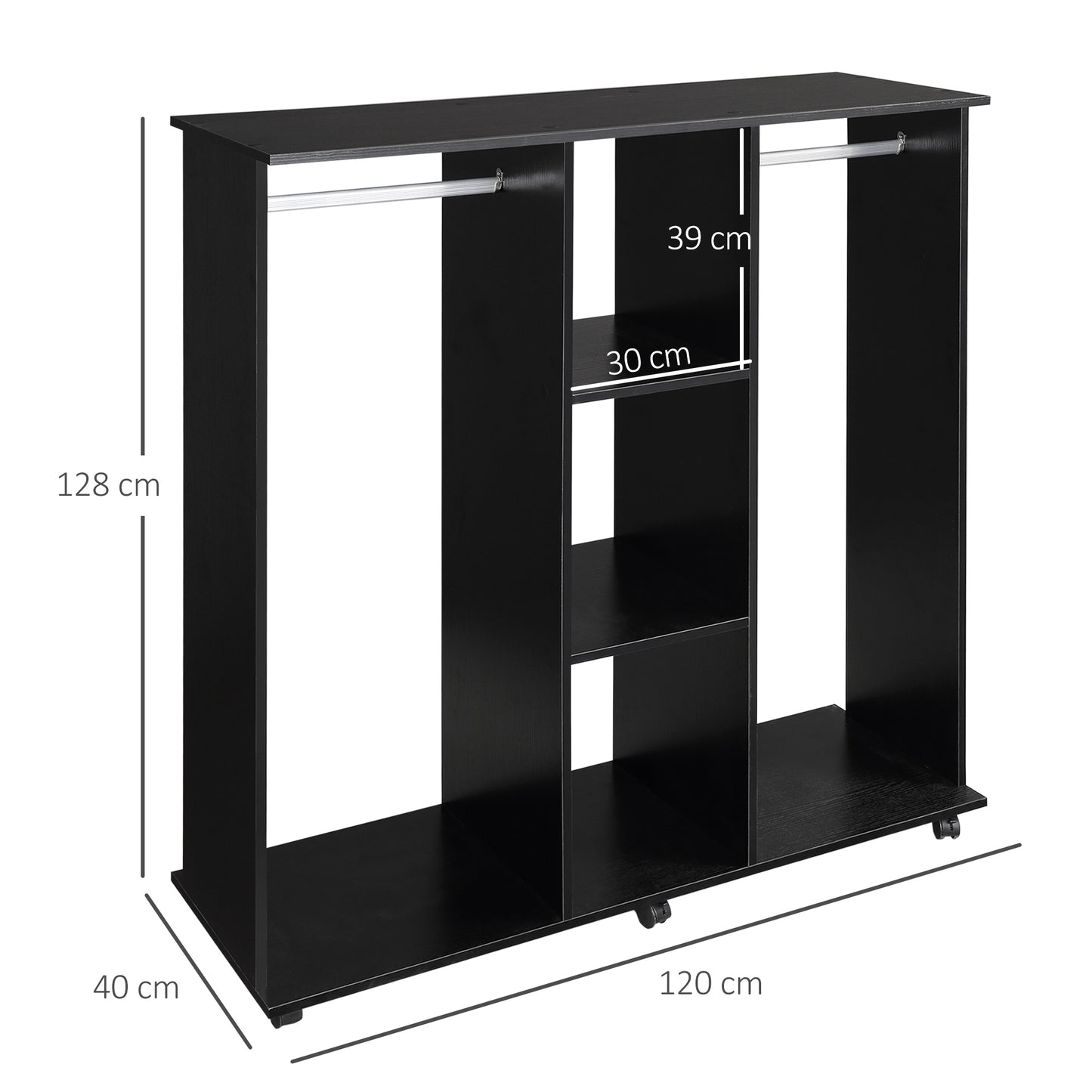 Double Open Wardrobe on Wheels, Bedroom Wardrobe with Clothes Hanging Rails, 3 Storage Shelves, Mobile Garment Rack for Cloakroom, Hallway, Black, HOMCOM, 3