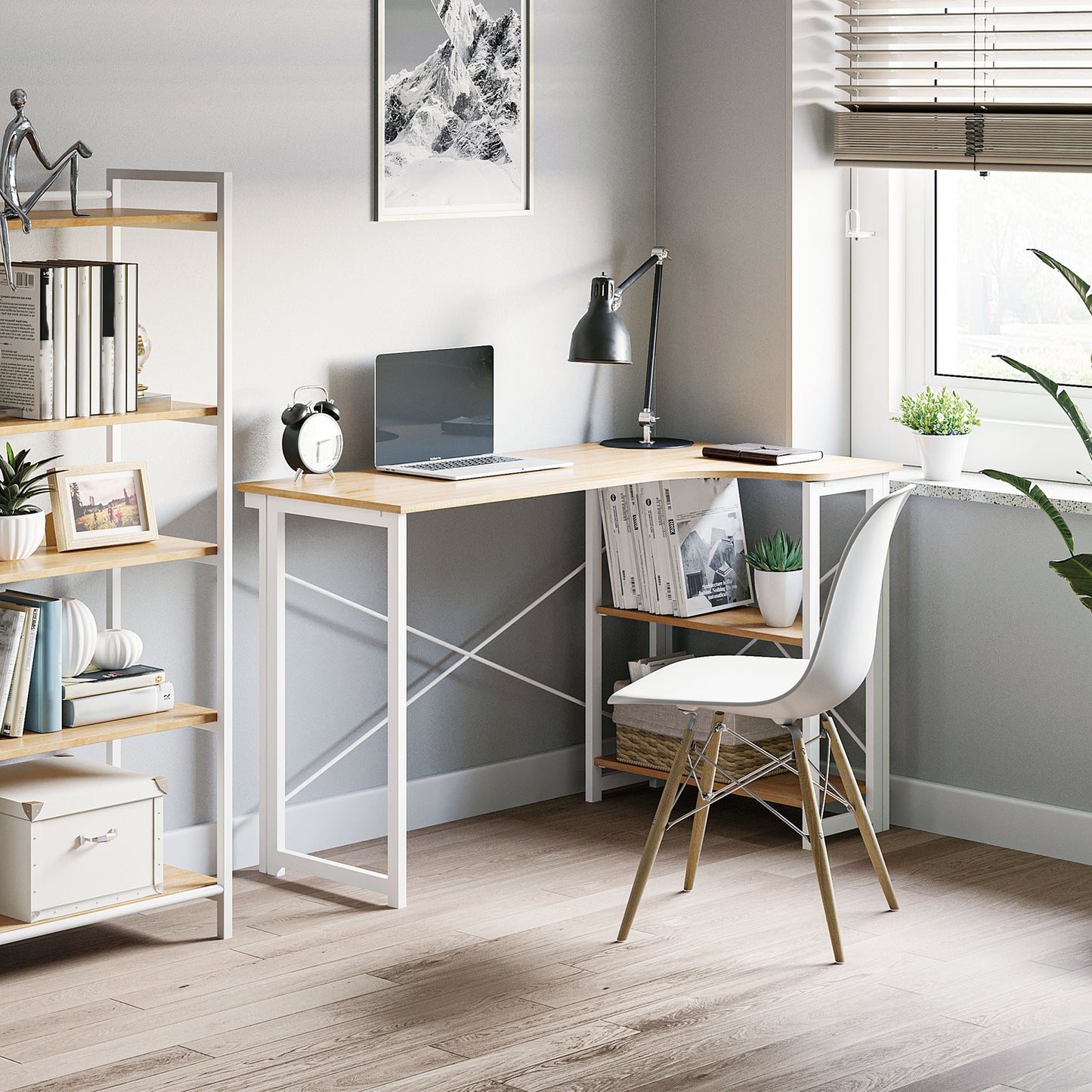 Folding Desk, L Shaped Desk, Corner Computer Desk with 2-Tier Storage Shelf for Home Office, Study Room, Workstation, Easy Assembly, 120 x 72.5 x 76.5cm, Oak Tone, HOMCOM, 2