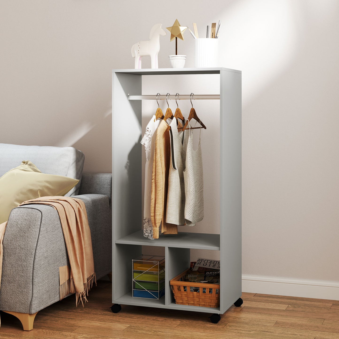 Open Wardrobe for Bedroom, Small Wardrobe on Wheels with Clothes Rail, Storage Shelves, Mobile Garment Rack for Clothes Storage, Cloakroom, Hallway, Grey, HOMCOM, 7