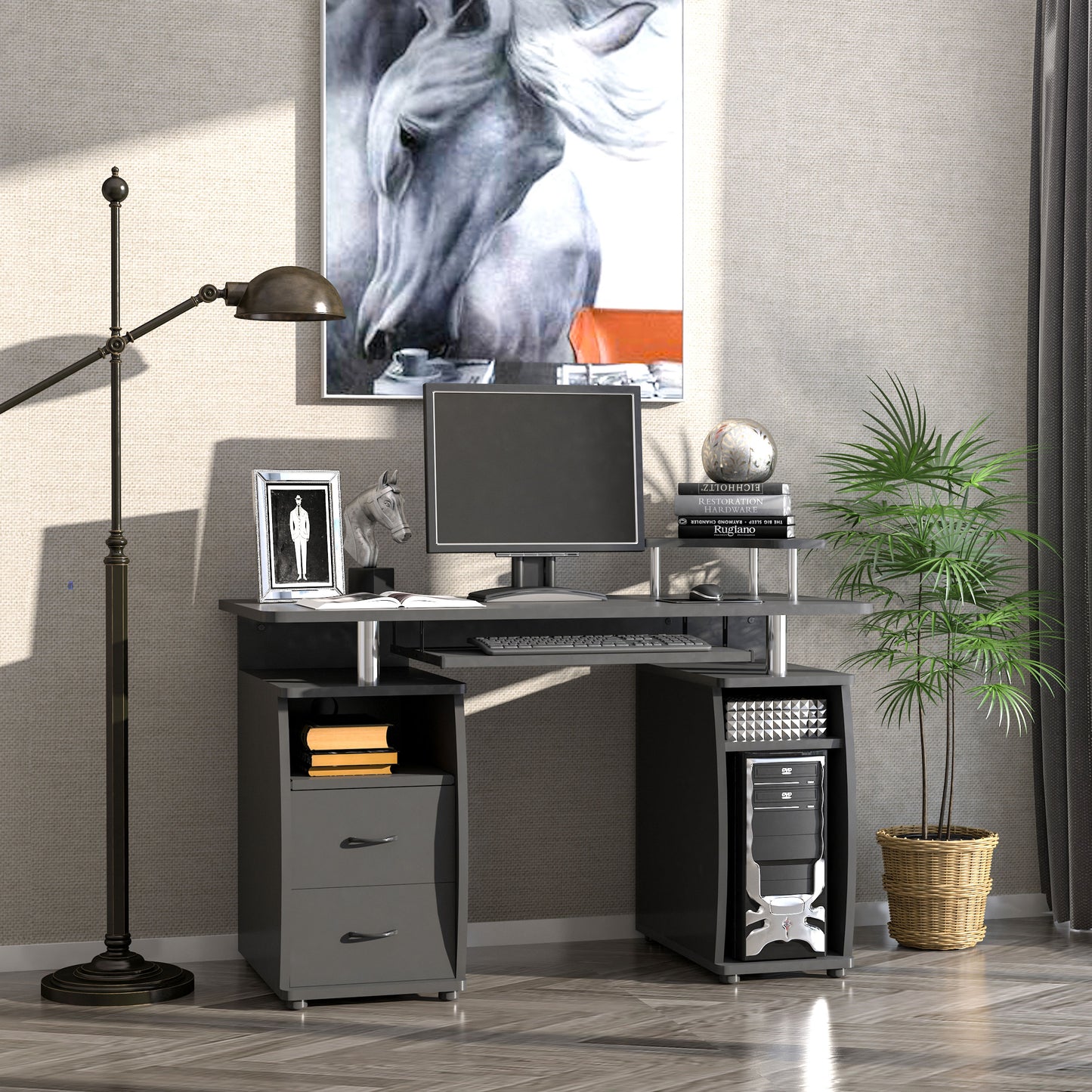 Computer Desk Office PC Table Workstation with Keyboard Tray, CPU Shelf, Drawers, Sliding Scanner Shelf, Black, HOMCOM, 2