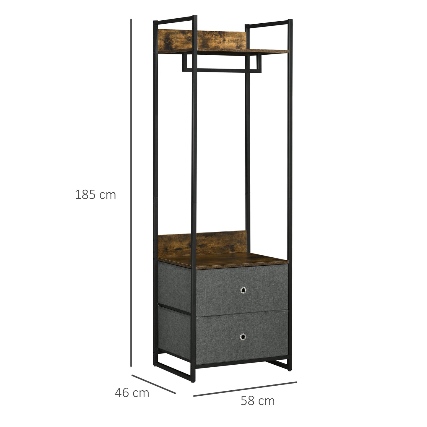 Clothes Rail, Metal Coat Stand, Garment Rack with 2 Fabric Storage Drawers, Single Wardrobe for Bedroom, Hallway, Rustic Brown and Grey, HOMCOM, 3