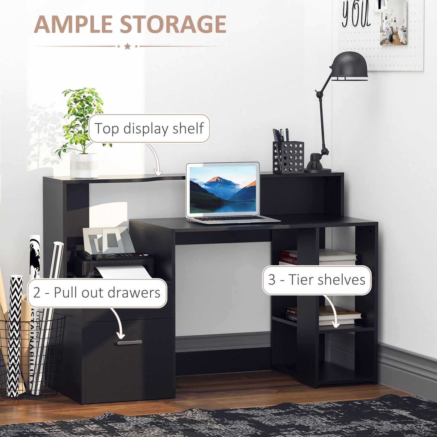 Computer Desk with Drawers and Storage Shelves, Reception Desk, Study Workstation for Home Office, 137 x 55 x 92cm, Black, HOMCOM, 5